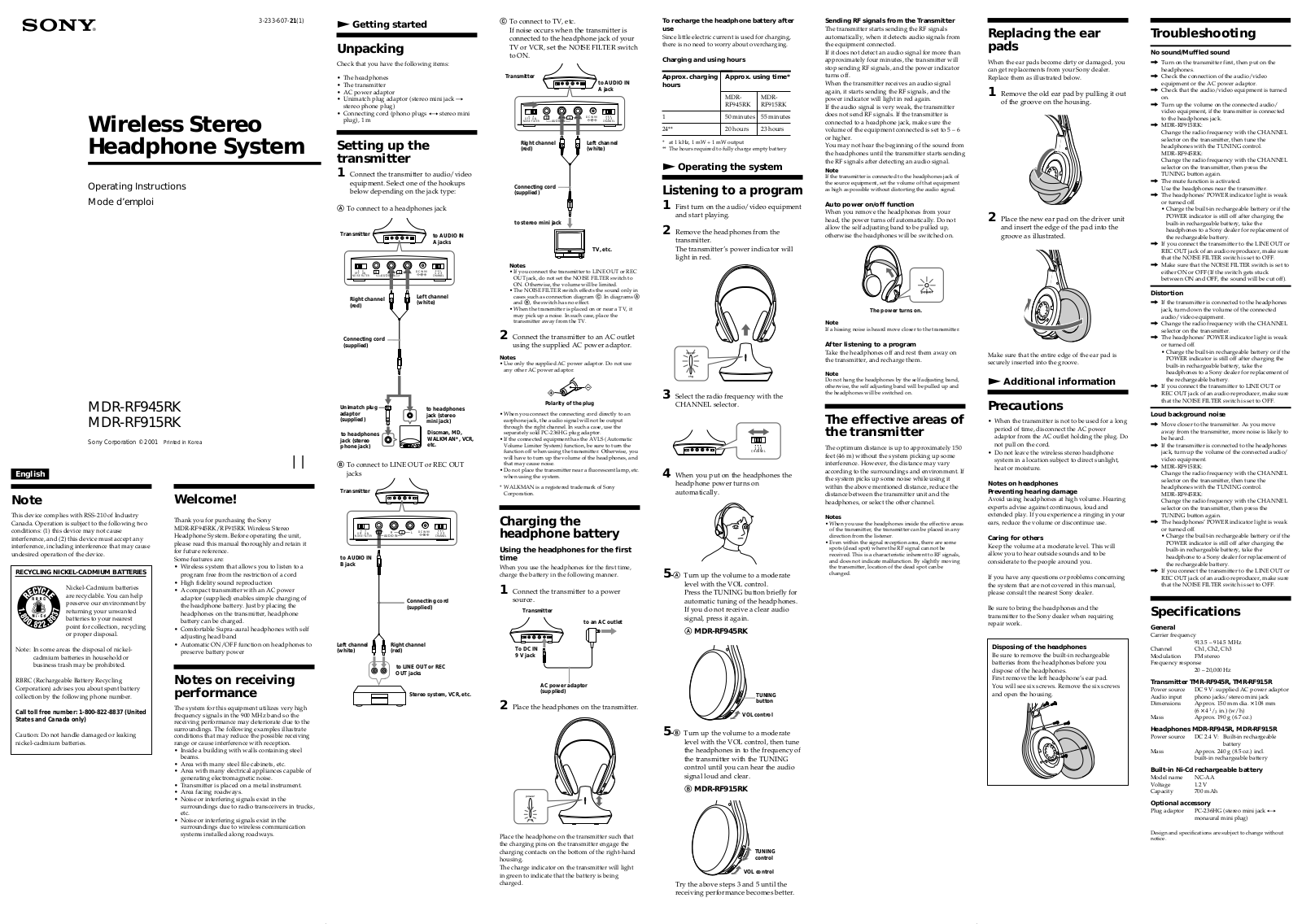 Sony MDR-RF915RK Operating  Manual