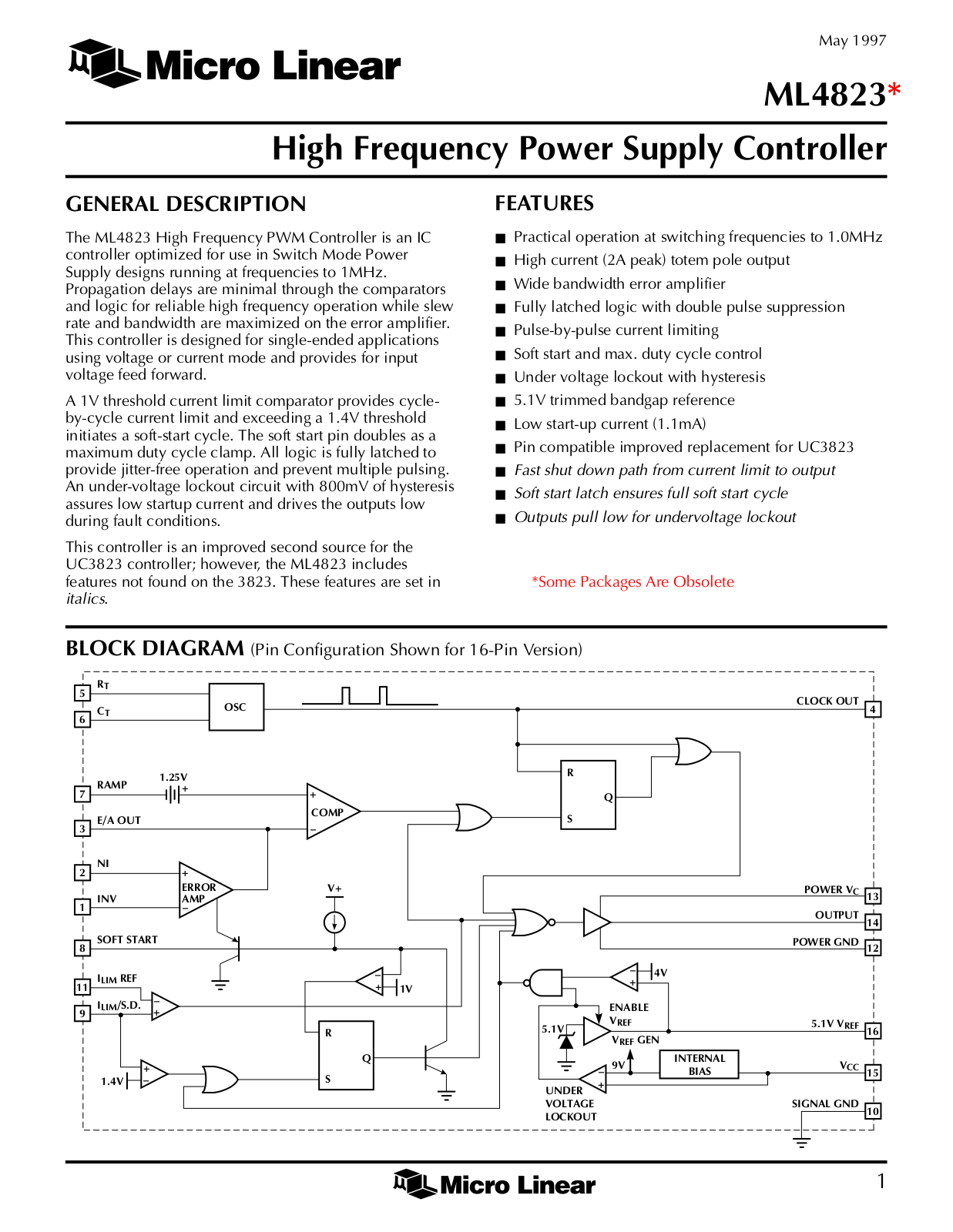 Micro Linear Corporation ML4823IS, ML4823MJ, ML4823IP, ML4823CP, ML4823CQ Datasheet