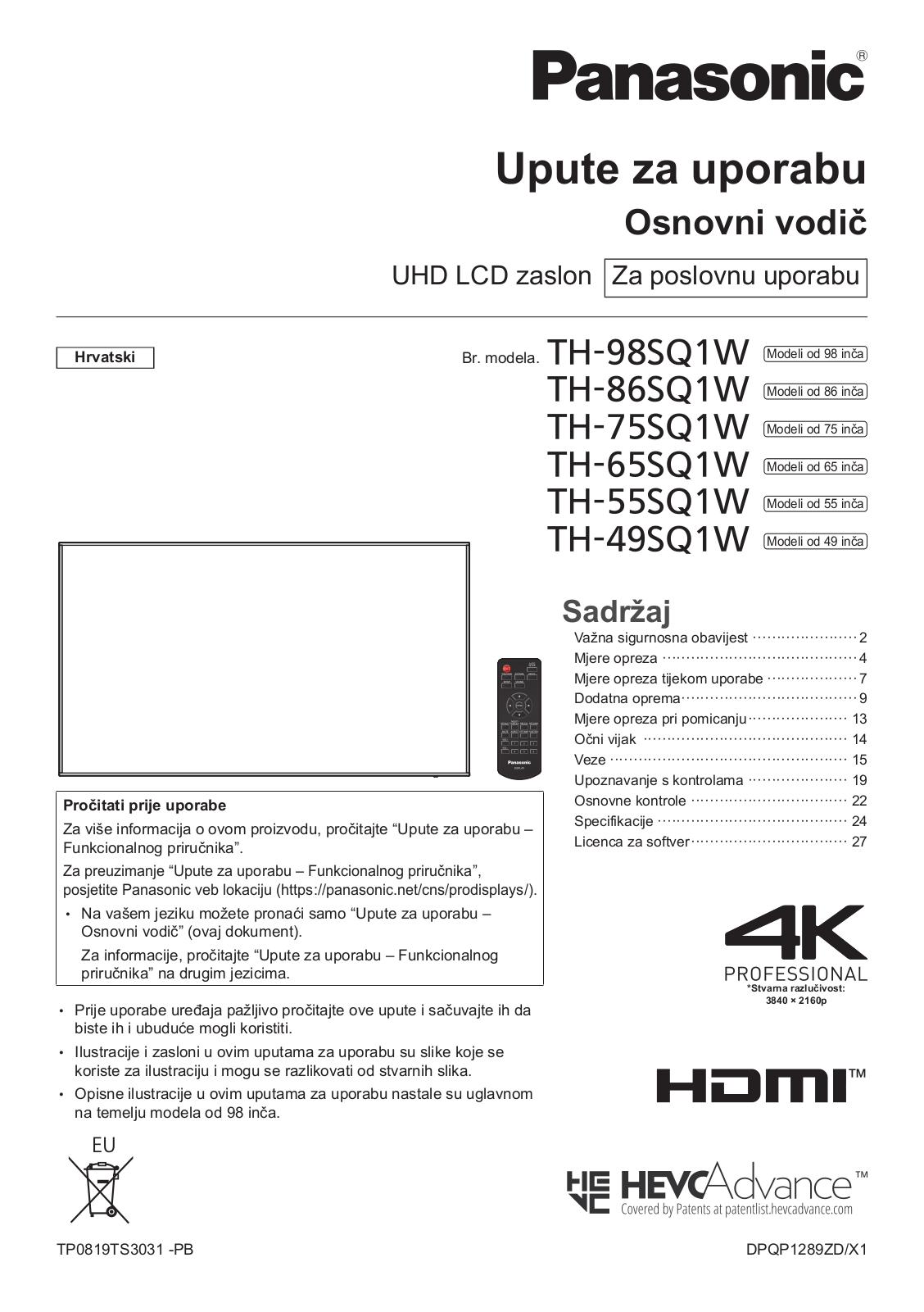 Panasonic TH- 98 SQ1W, TH- 86 SQ1W, TH- 75 SQ1W, TH- 65 SQ1W, TH- 55 SQ1W Users manual