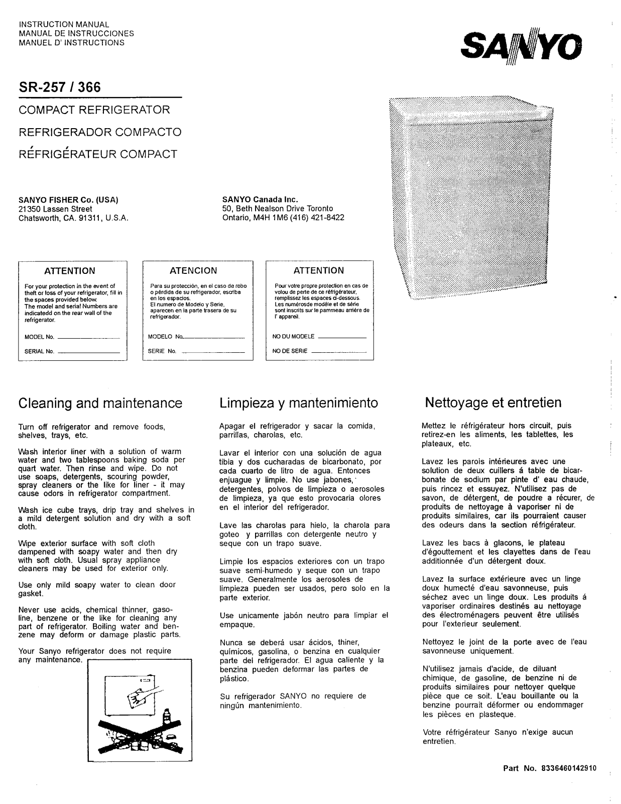 SANYO SR2570X, SR2570W, SR2570K User Manual