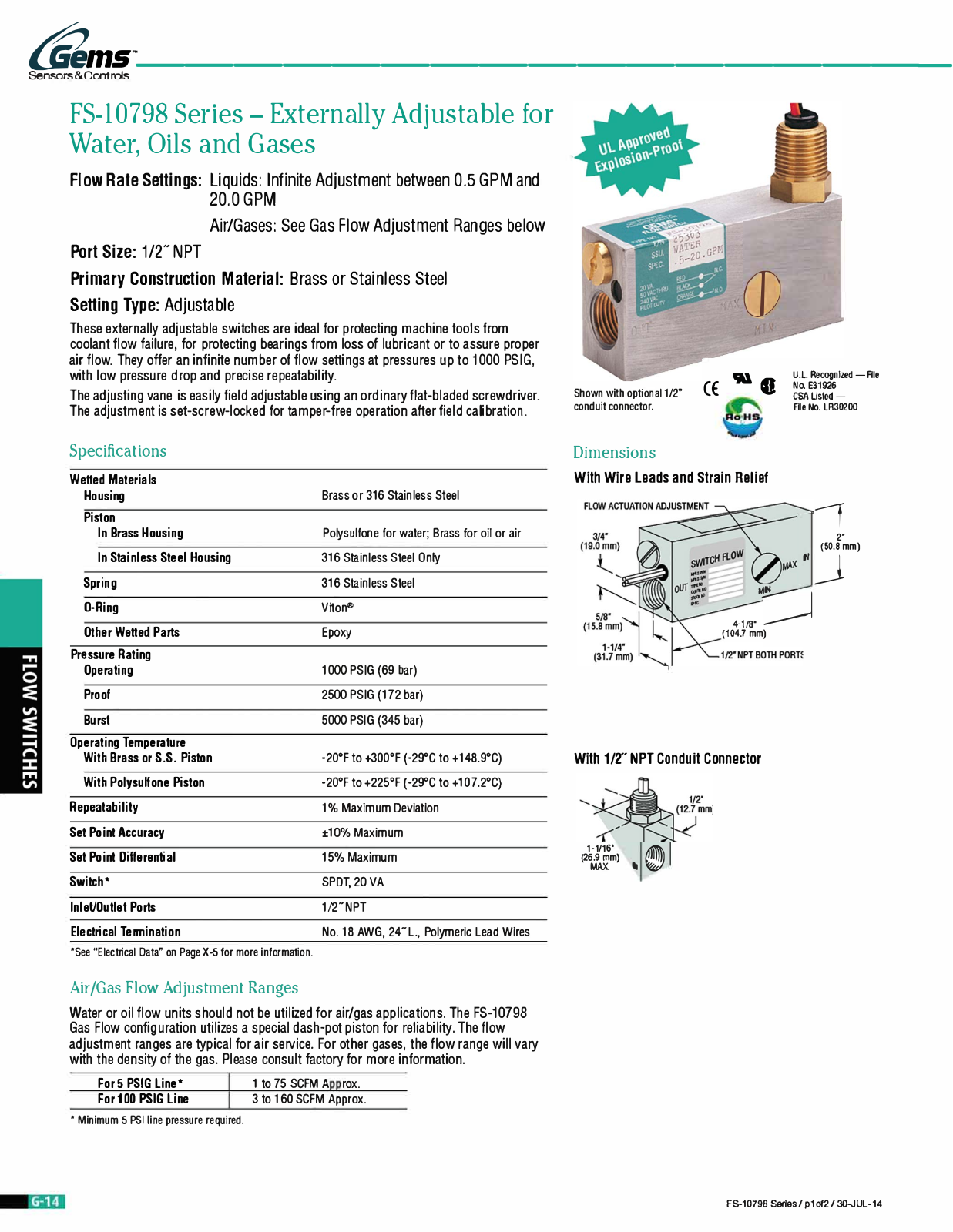 Gems Sensors & Controls FS-10798 Series Catalog Page