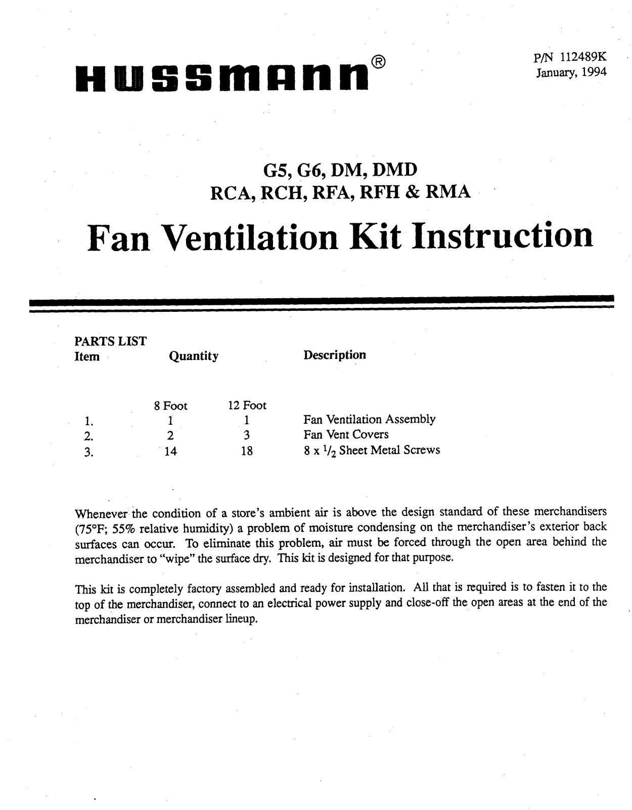 Hussmann DM, G5, G6, DMD, RCA Install Manual