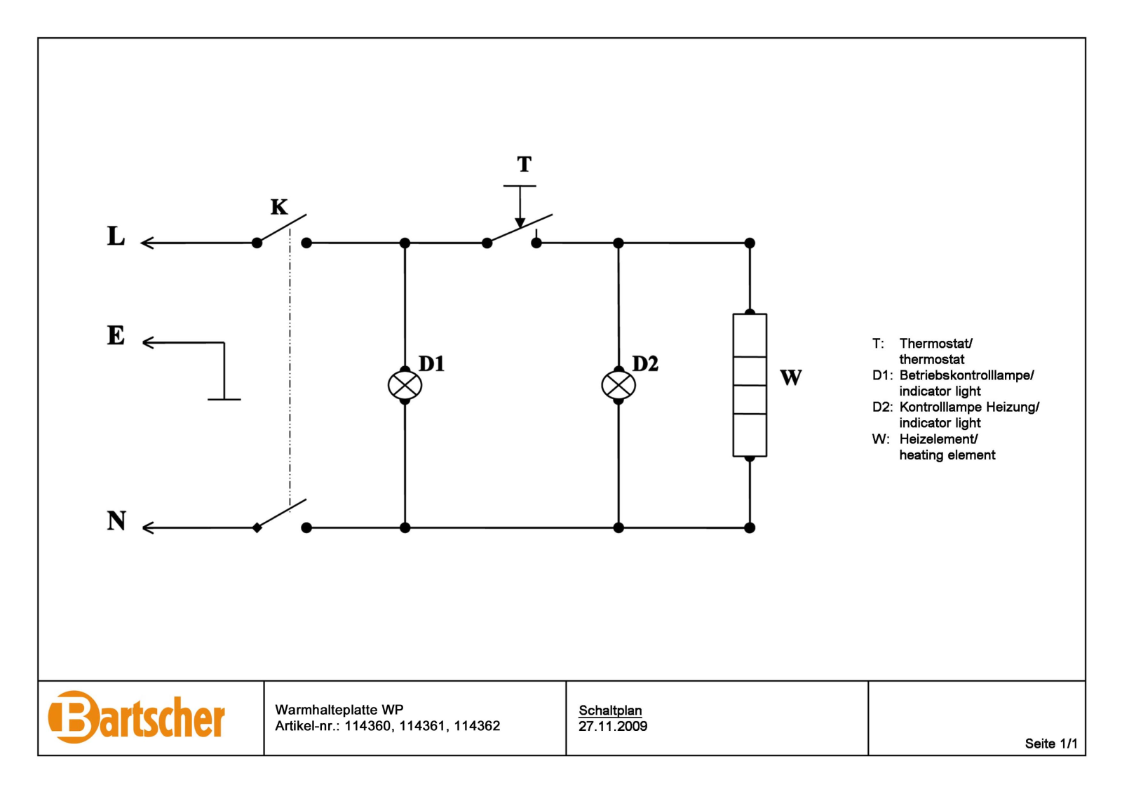 Bartscher 114360, 114361 114362 Electrical schematic