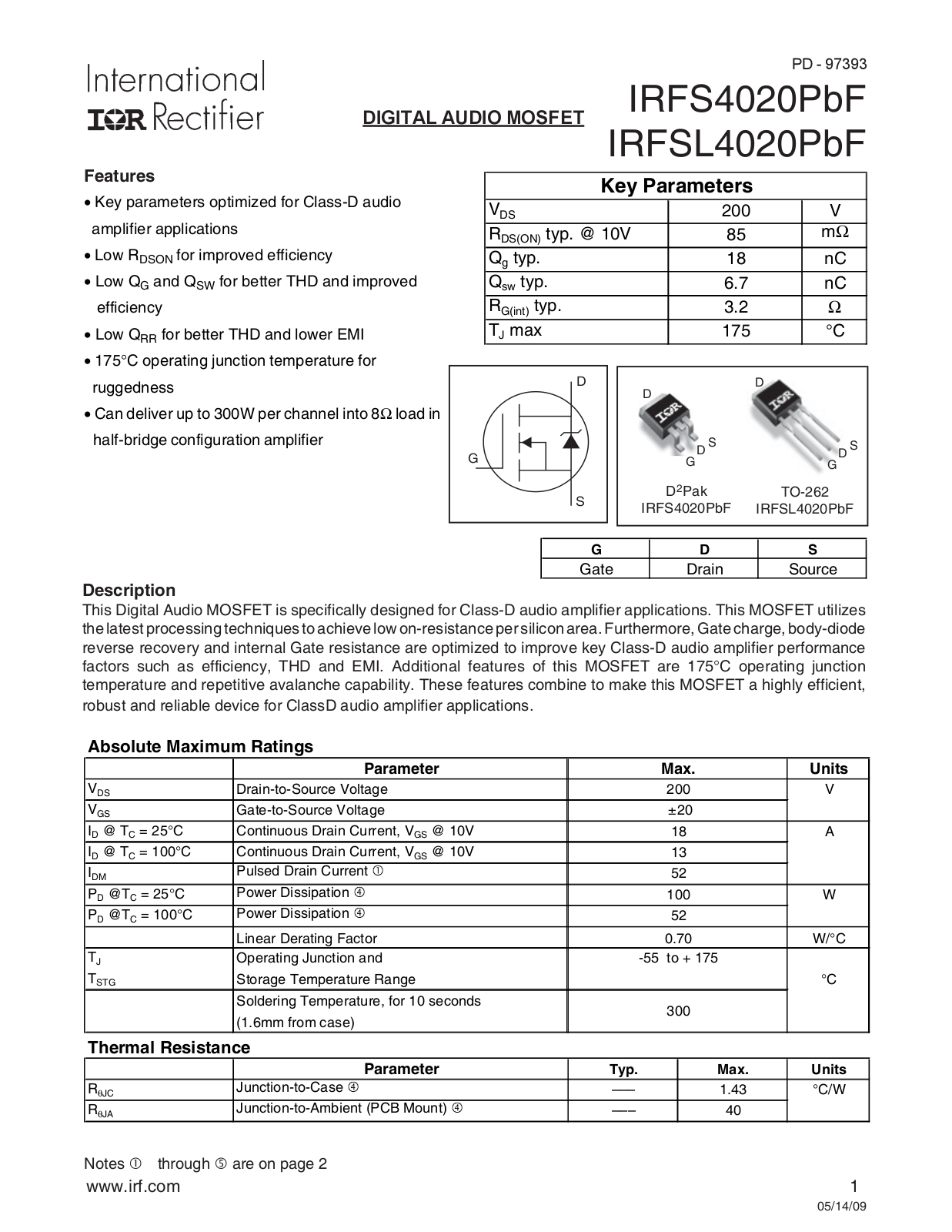 Datasheet IRFS4020PBF Datasheet - ManualMachine.com