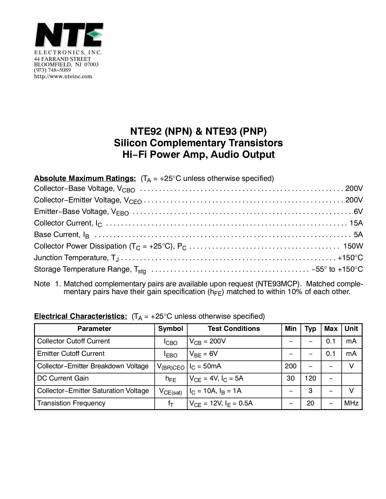 Datasheet TCG92, NTE93, NTE92 Specification - ManualMachine.com