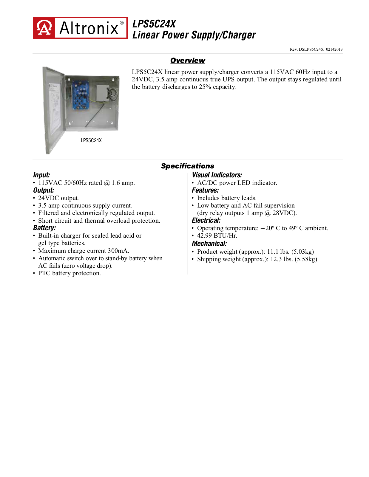 Altronix LPS5C24X Specsheet