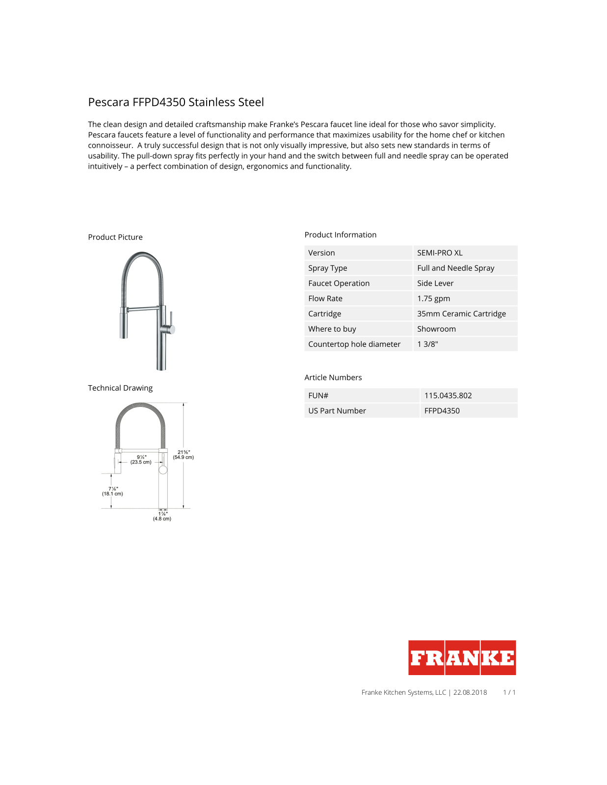 Franke FFPD4350 Specifications