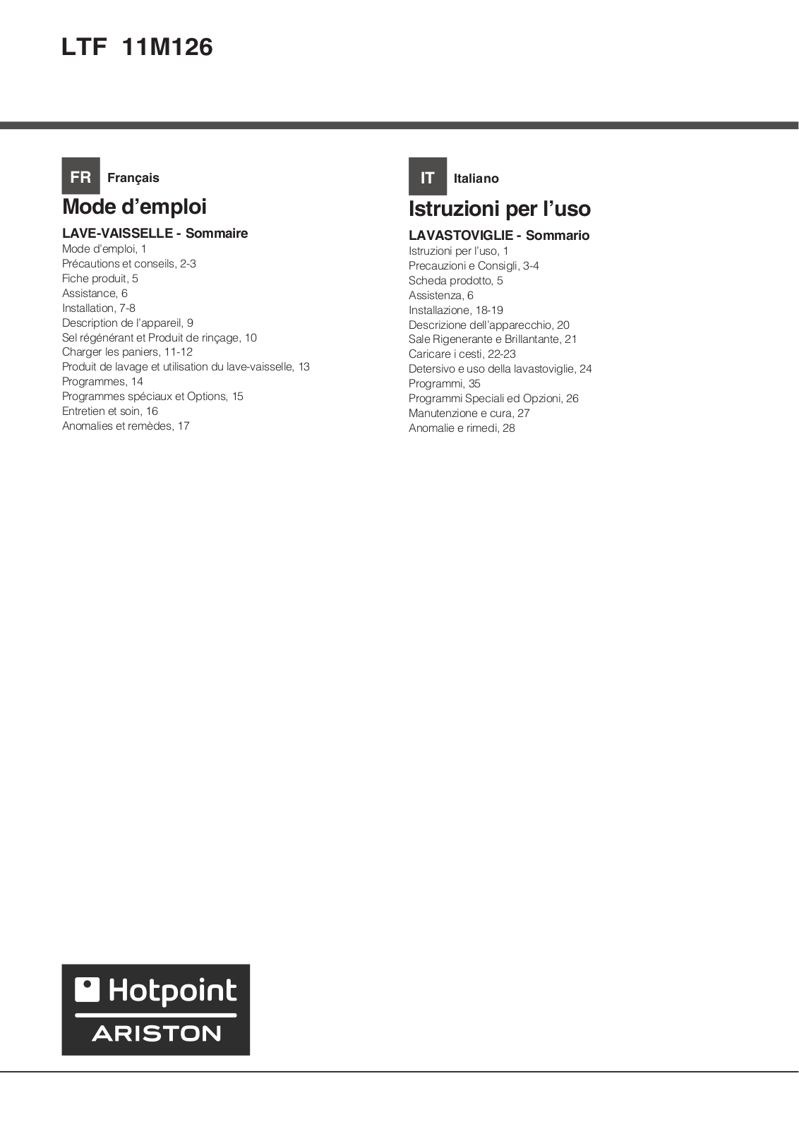 HOTPOINT/ARISTON LTF 11M126 EU User Manual