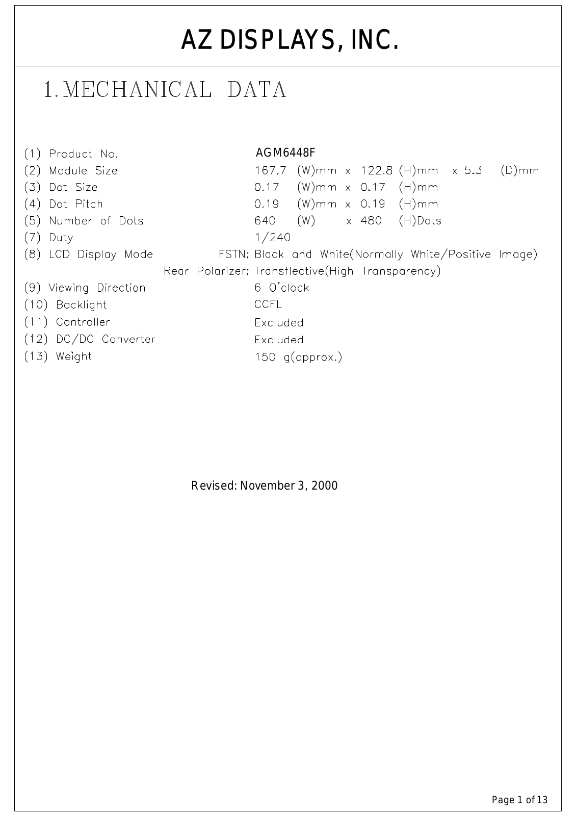 AZDIS AGM6448F-FC-FBW-T Datasheet