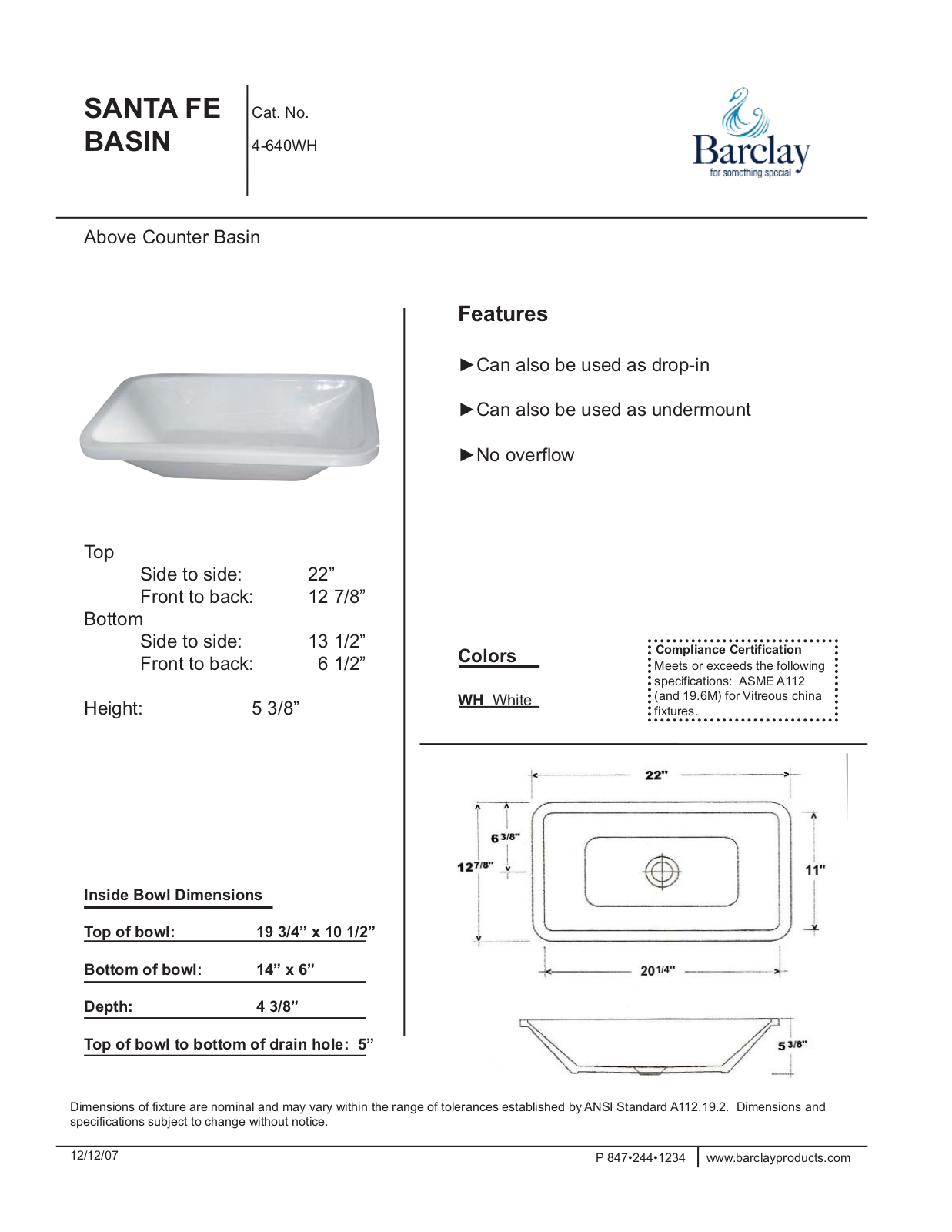 Barclay 4640WH Specifications