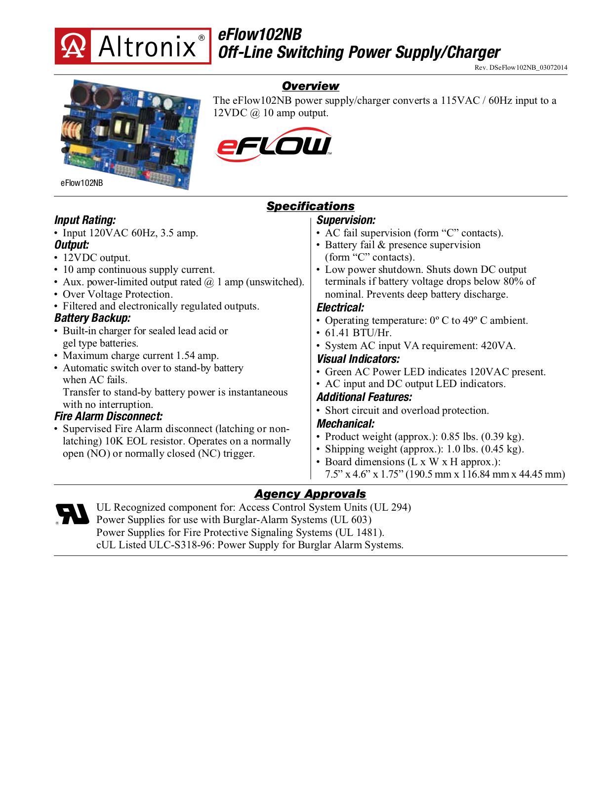 Altronix EFLOW102NB Specsheet