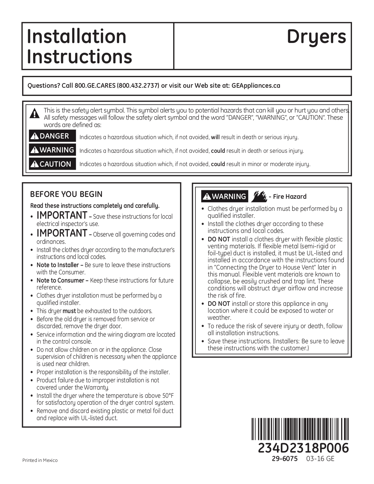 GE GTD40GBMRWS, GTX33EBMRWS, GTD65GBMRWS, GTD65EBMRWS, GTD65EBMRDG Installation Dryers Instructions