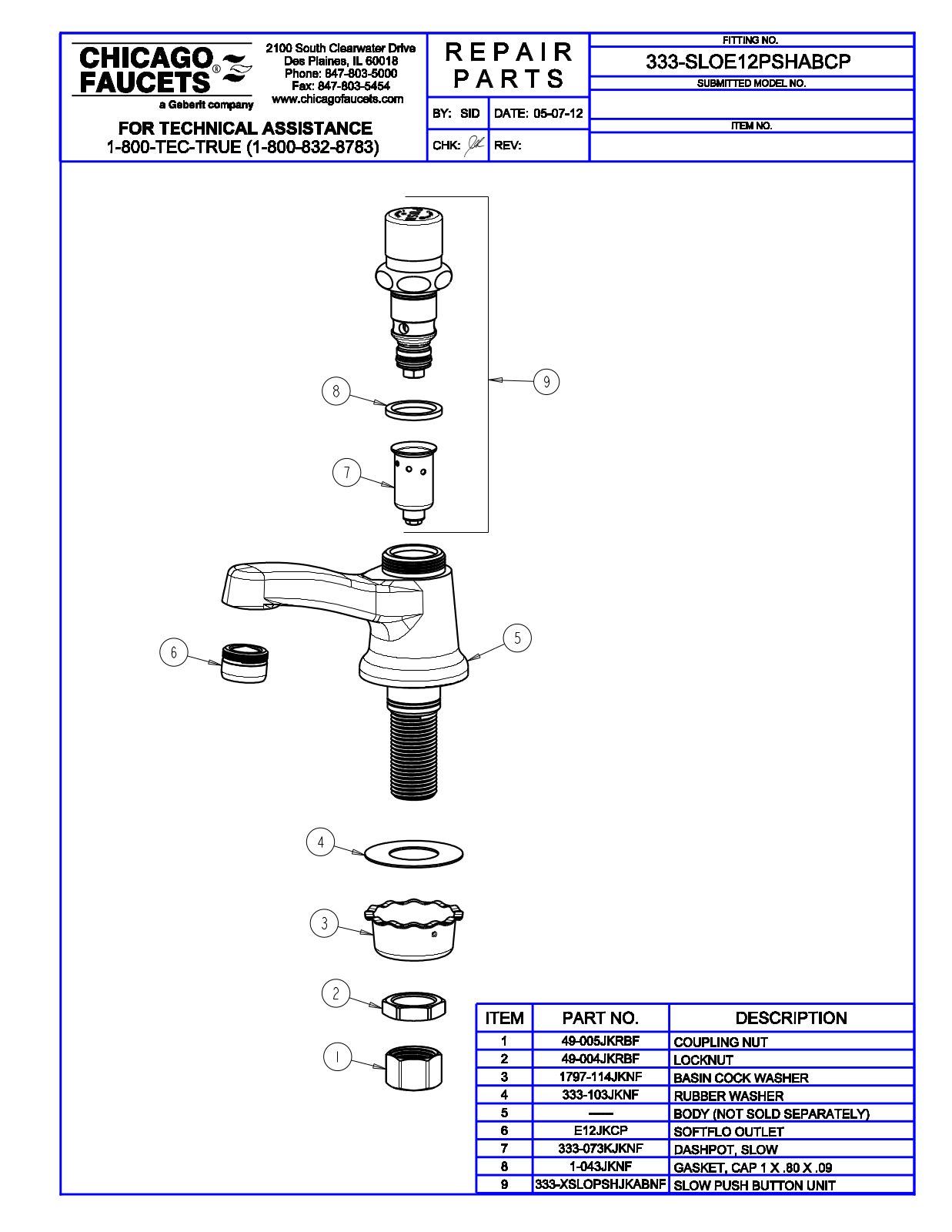 Chicago Faucet 333-SLOE12PSHABCP Parts List