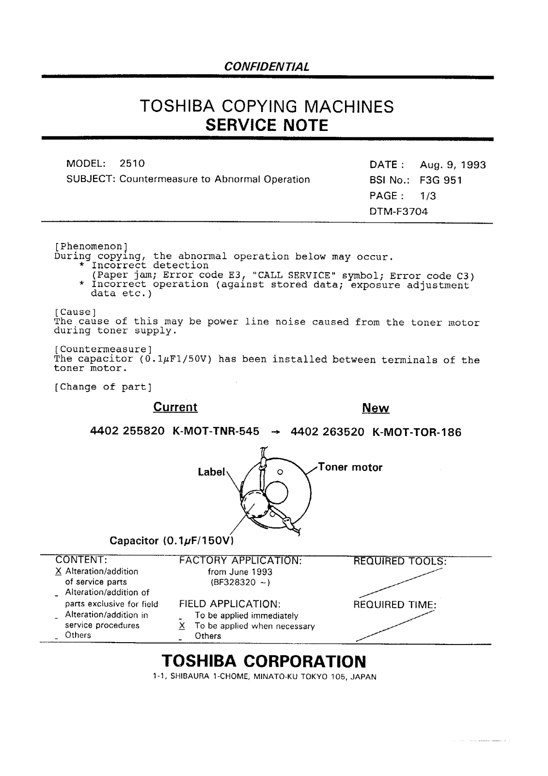 Toshiba f3g951 Service Note