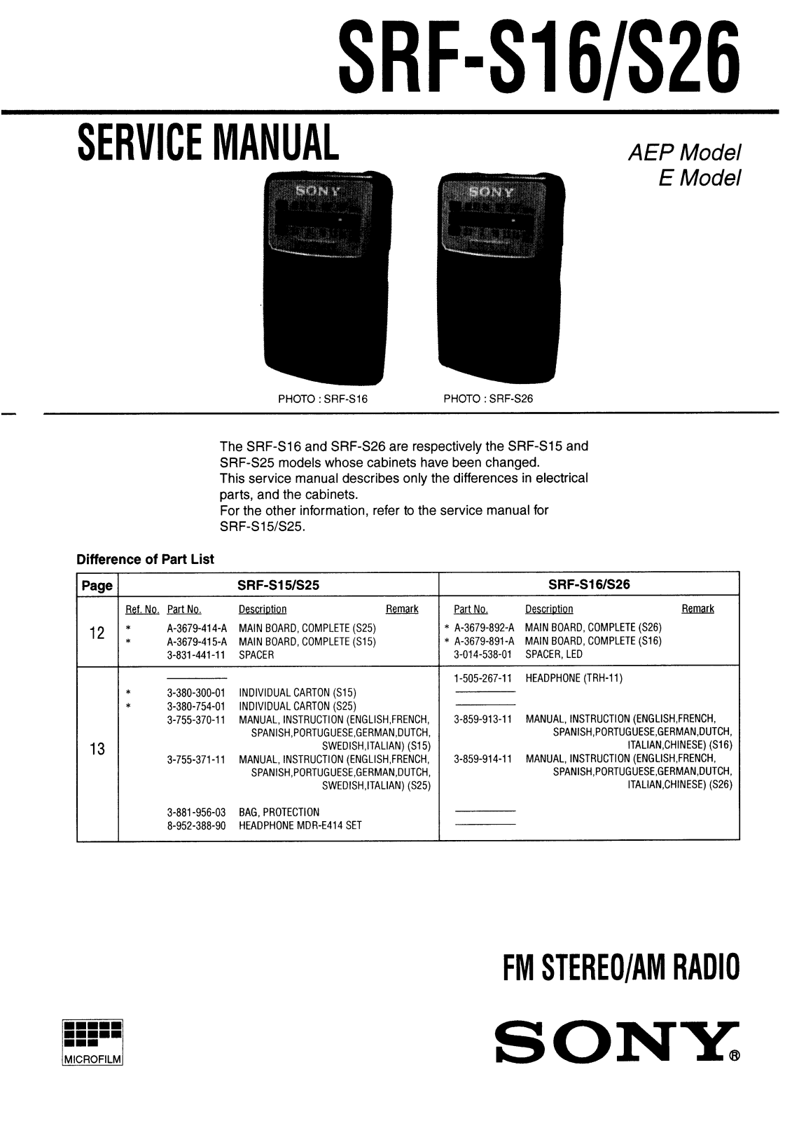 Sony SRFS-16, SRFS-26 Service manual