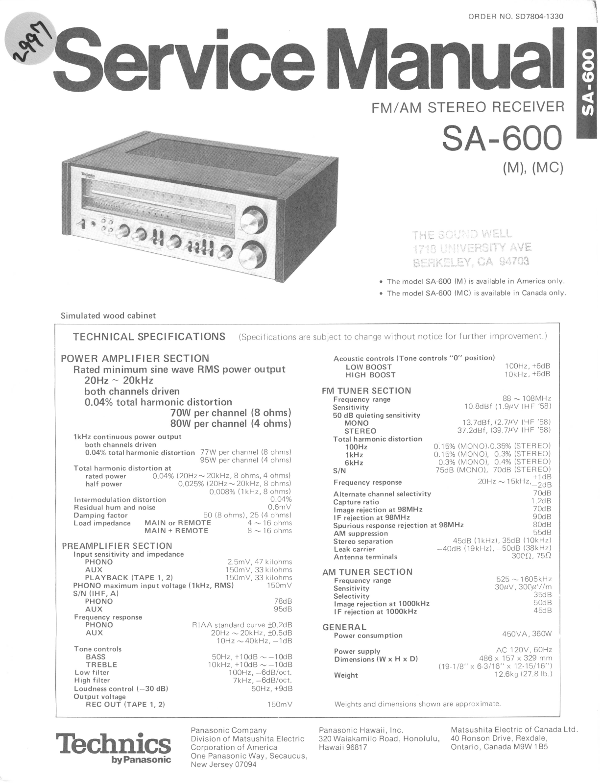 Technics SA-600 Service Manual