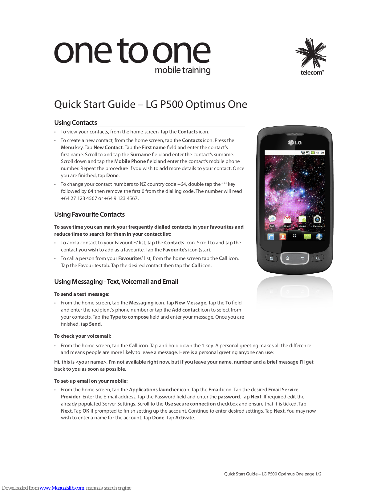 LG P500 Optimus One Quick Start Manual