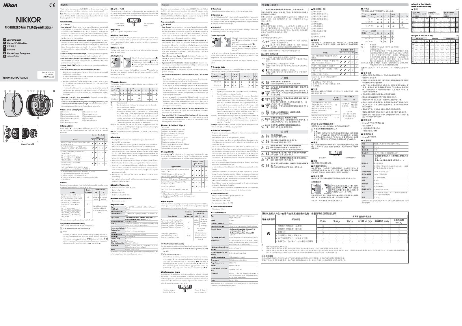 Nikon AF-S NIKKOR 50mm f/1.8G (Special Edition) user's Guide