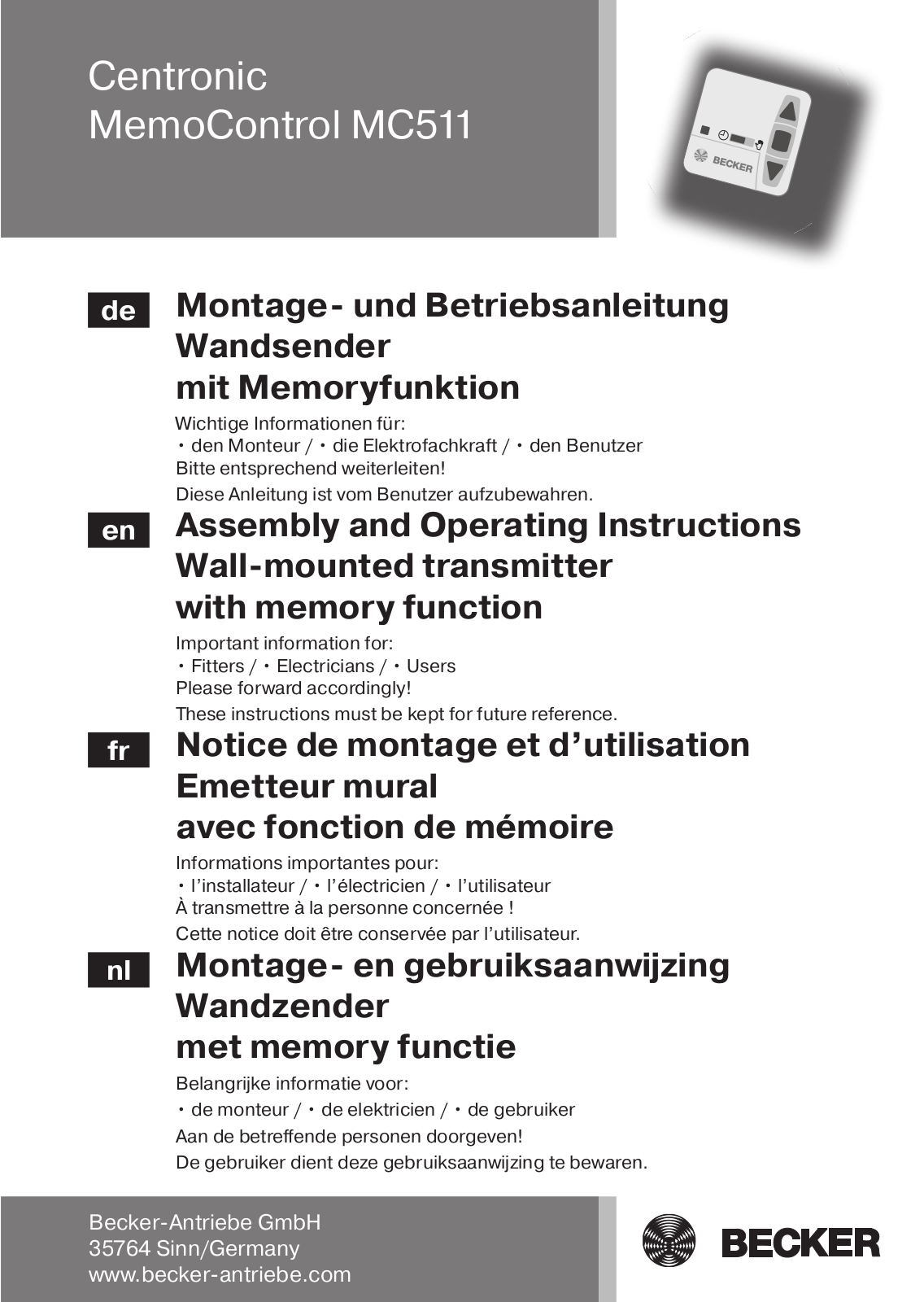 Becker Centronic MemoControl MC511 Assembly And Operating Instructions Manual