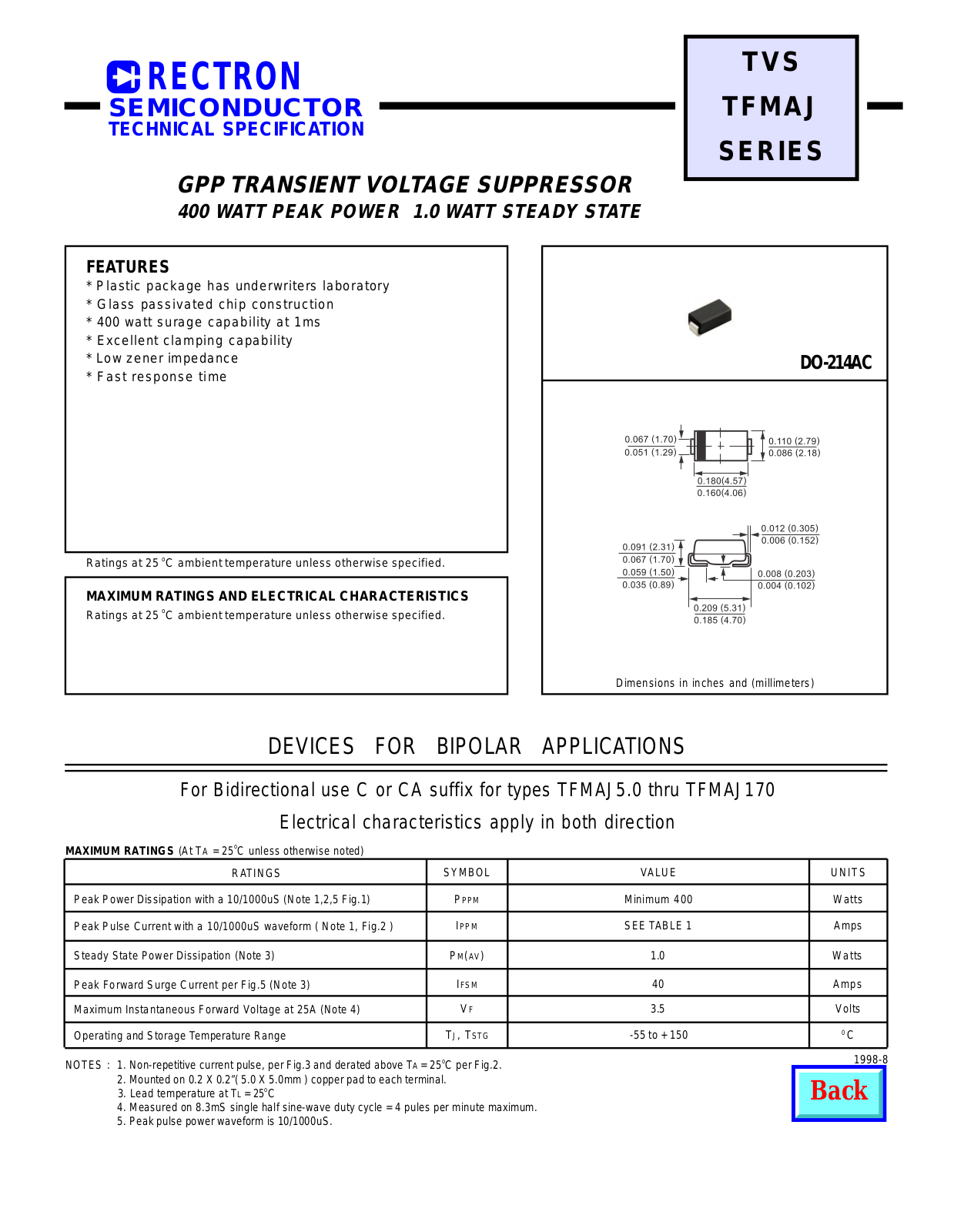 Datasheet TFMAJ17A, TFMAJ170A, TFMAJ170, TFMAJ17, TFMAJ16A Datasheet (RECTRON) - ManualMachine.com