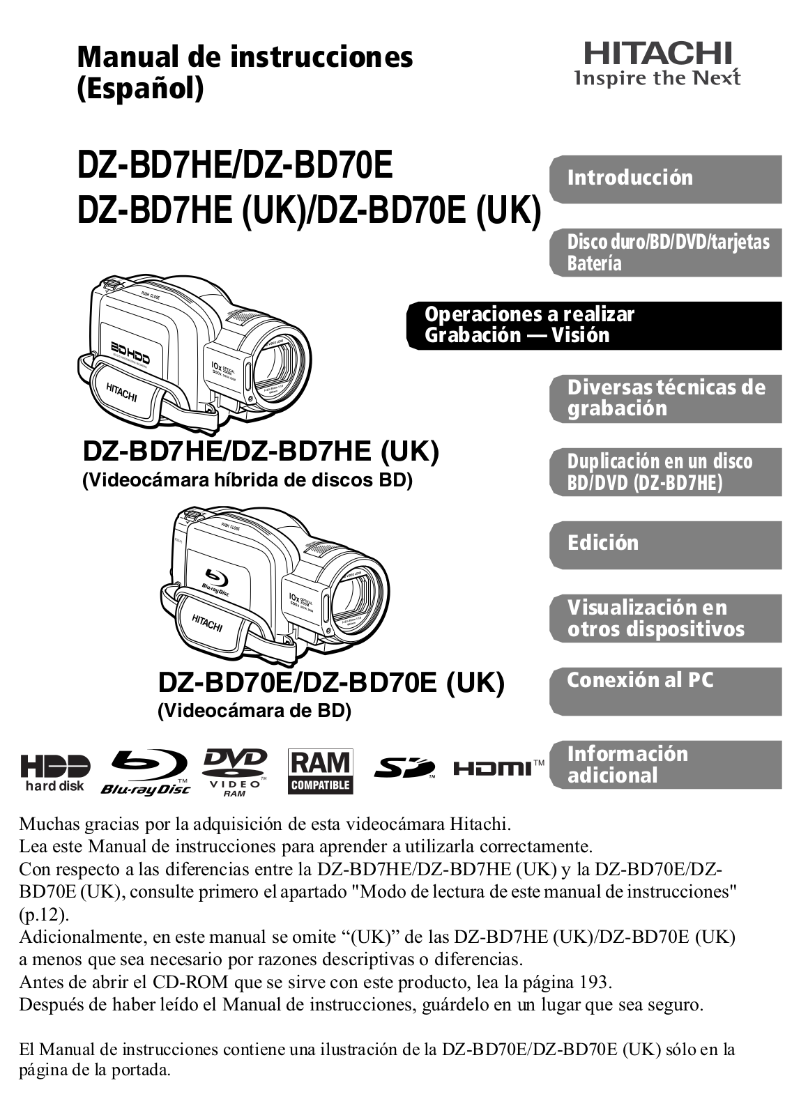 Hitachi DZ-BD70E, DZ-BD7HE User Manual