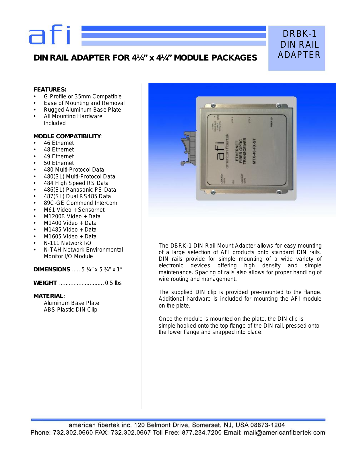 American Fibertek DRBK-1 Specsheet