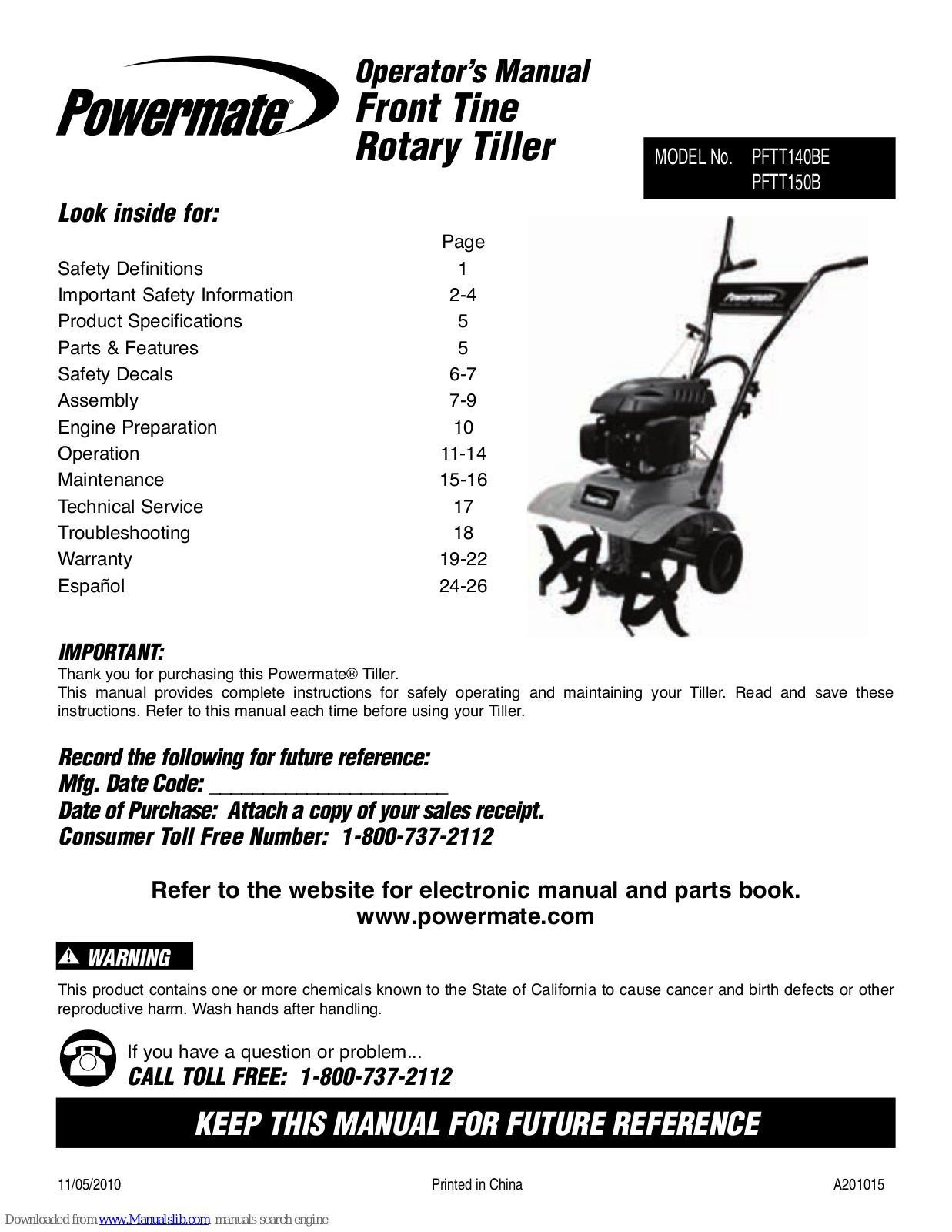 Powermate PFTT140BE, PFTT150B Operator's Manual