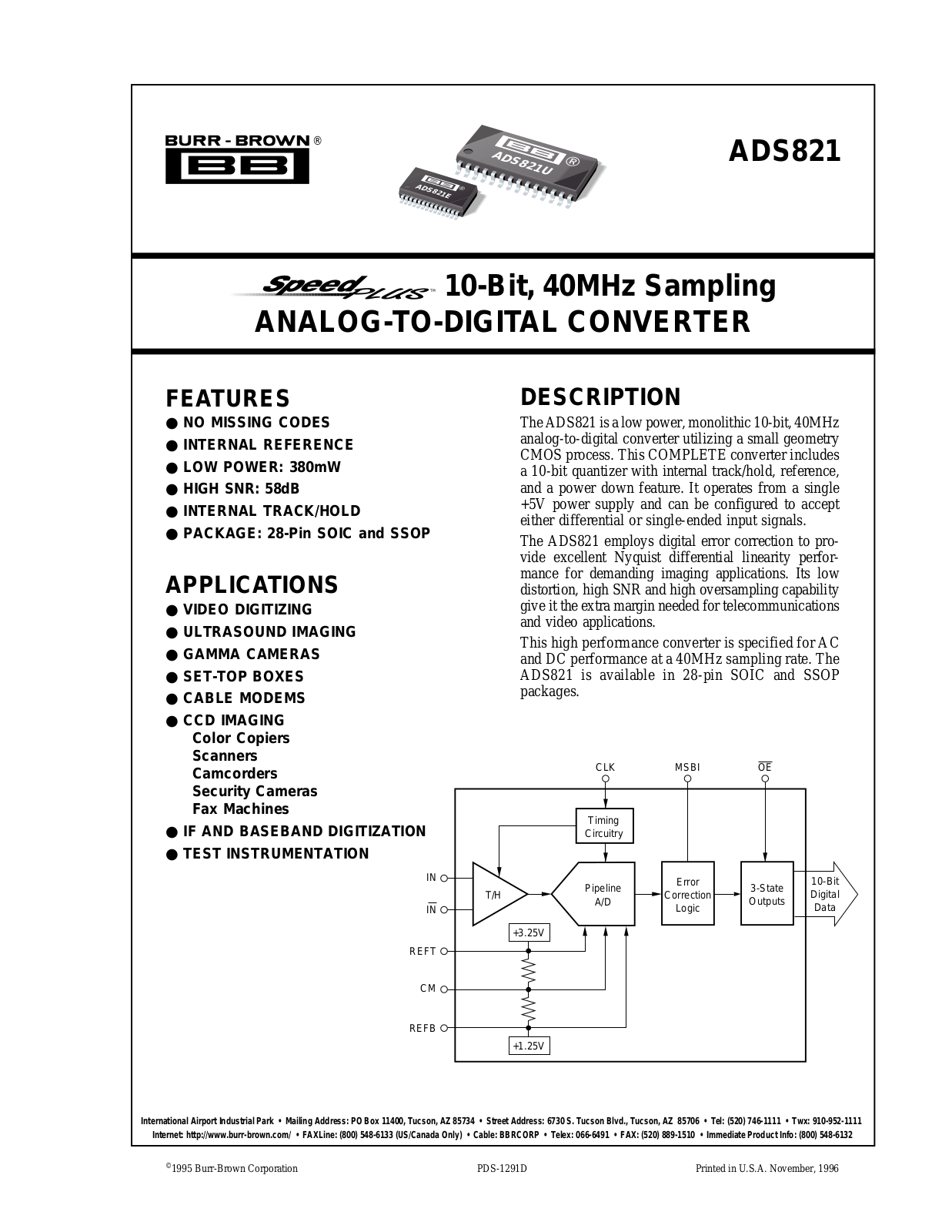 Burr Brown Corporation ADS821U, ADS821E-1K, ADS821 Datasheet