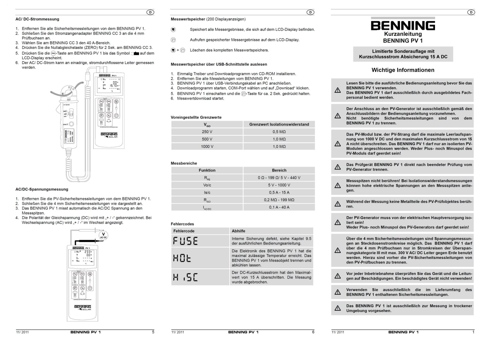 Benning PV 1 User guide