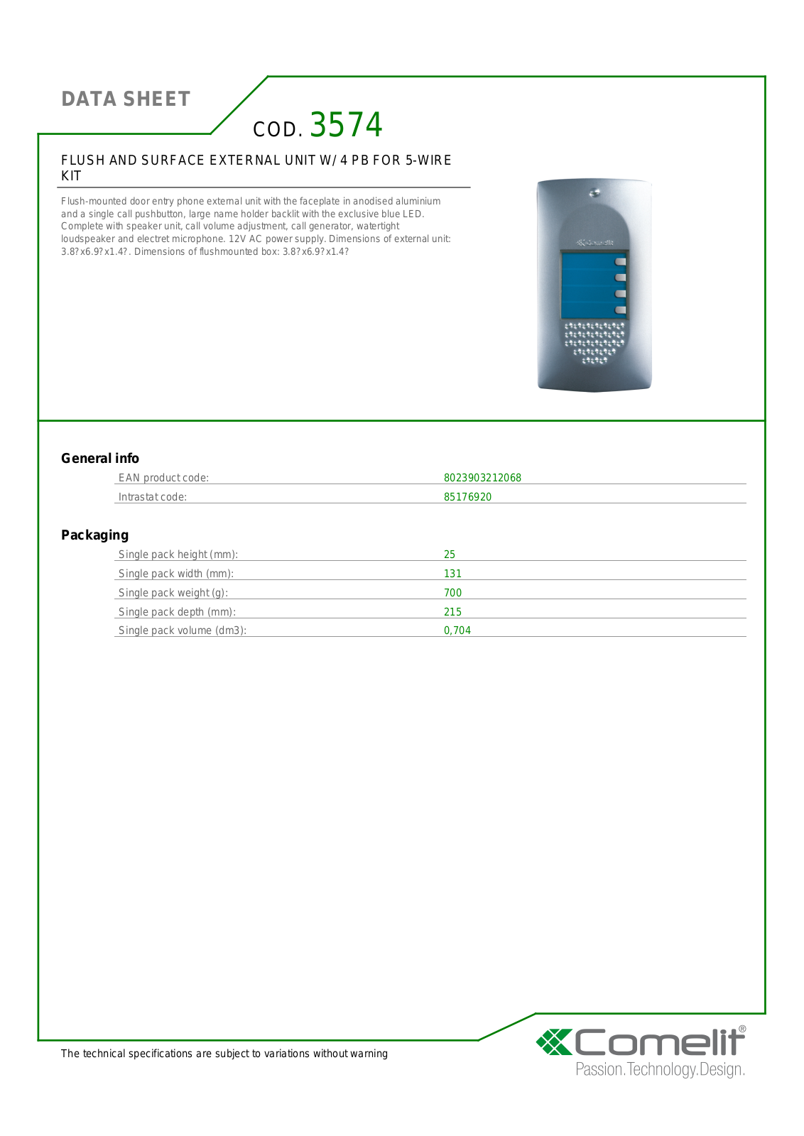 Comelit 3574 Specsheet - ManualMachine.com