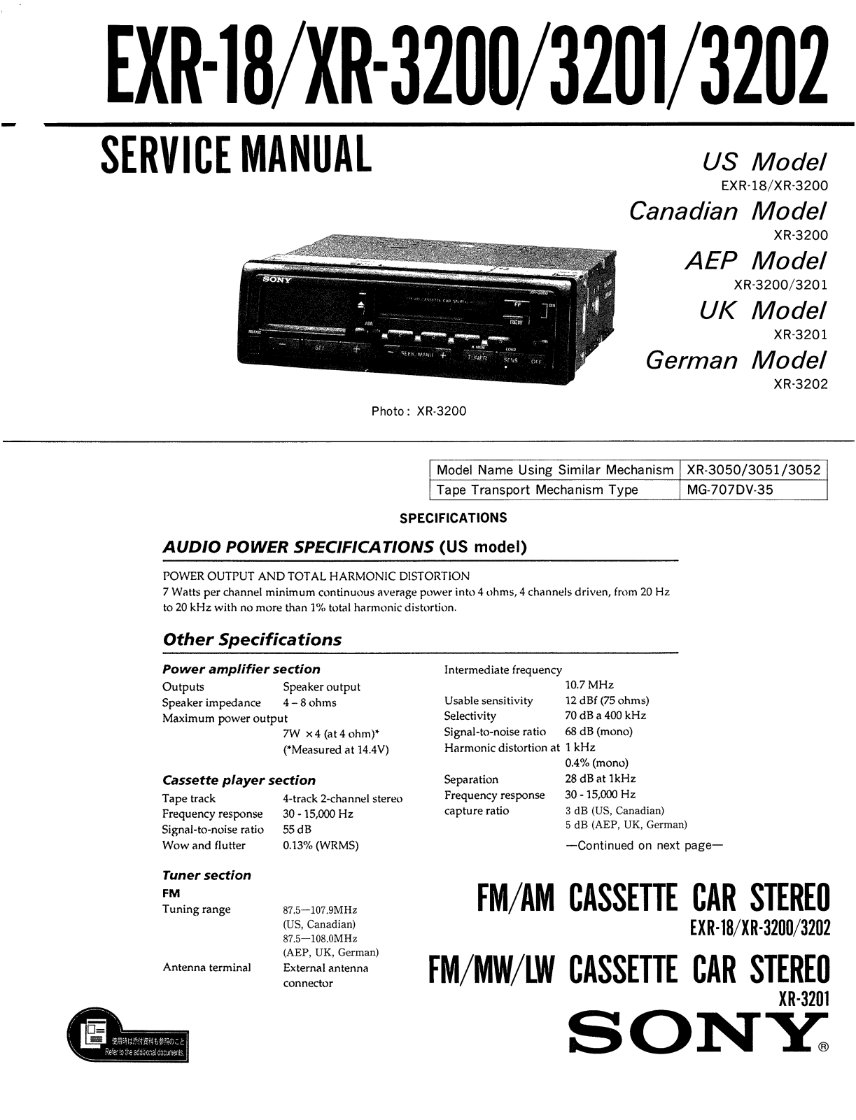 Sony XR-3200, XR-3201, XR-3202, EXR-18 Service manual