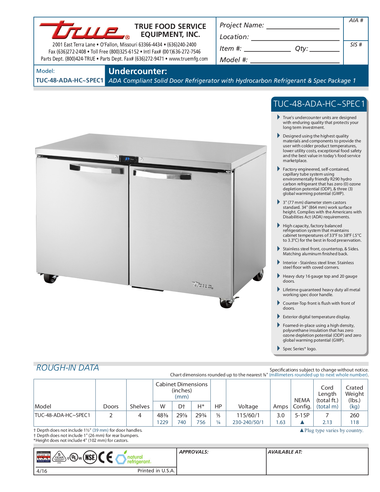 True TUC-48-ADA-HC User Manual