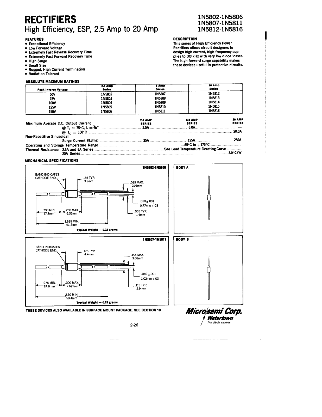 Microsemi Corporation 1N5815, 1N5811, 1N5806, 1N5804US, 1N5804 Datasheet