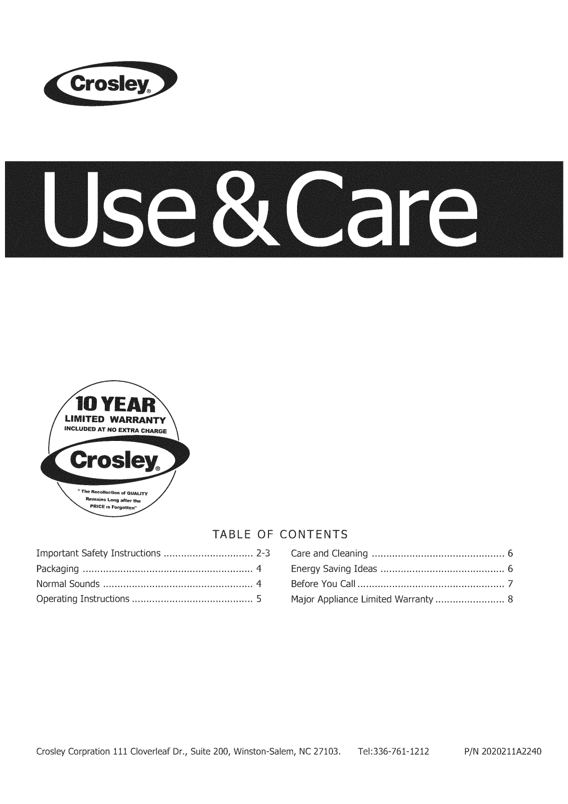 Crosley CAE5MR410A46, CAE5MR410A52, CAE5MR410A53, CAE5MR410A51, CAE5MR410A50 Owner’s Manual