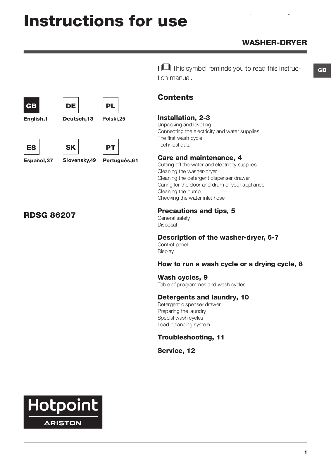 HOTPOINT/ARISTON RDSG 86207 S EU User Manual