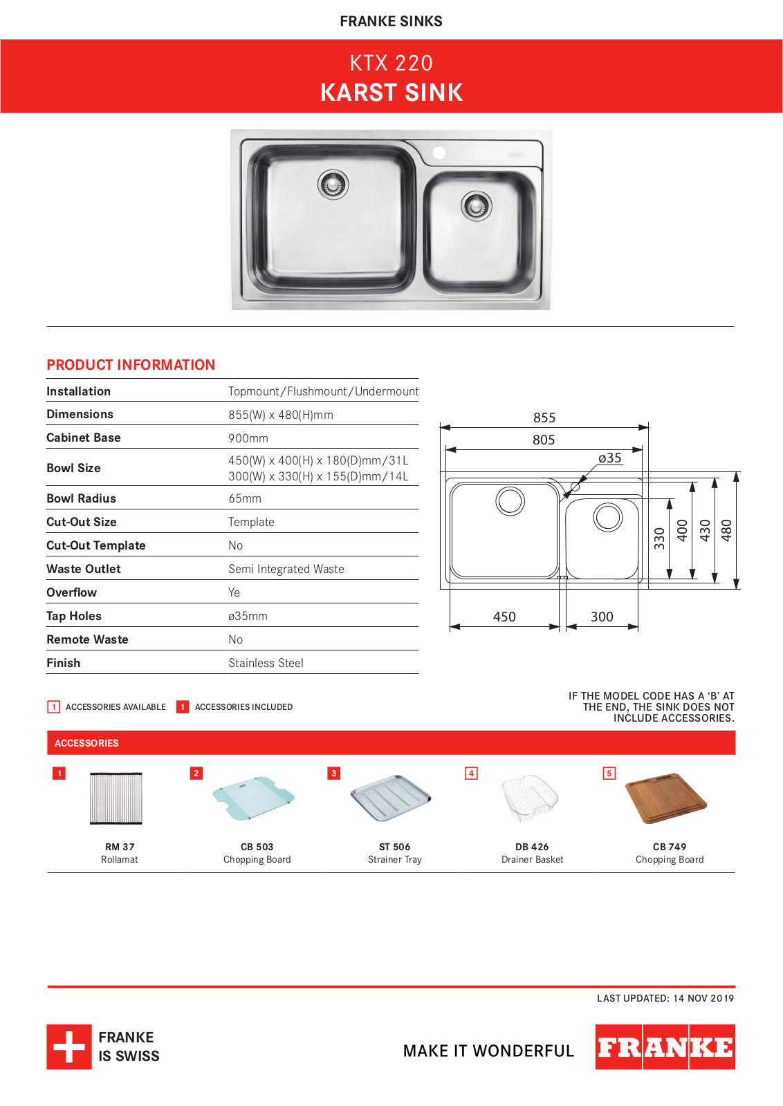 Franke KTX220 Specifications Sheet