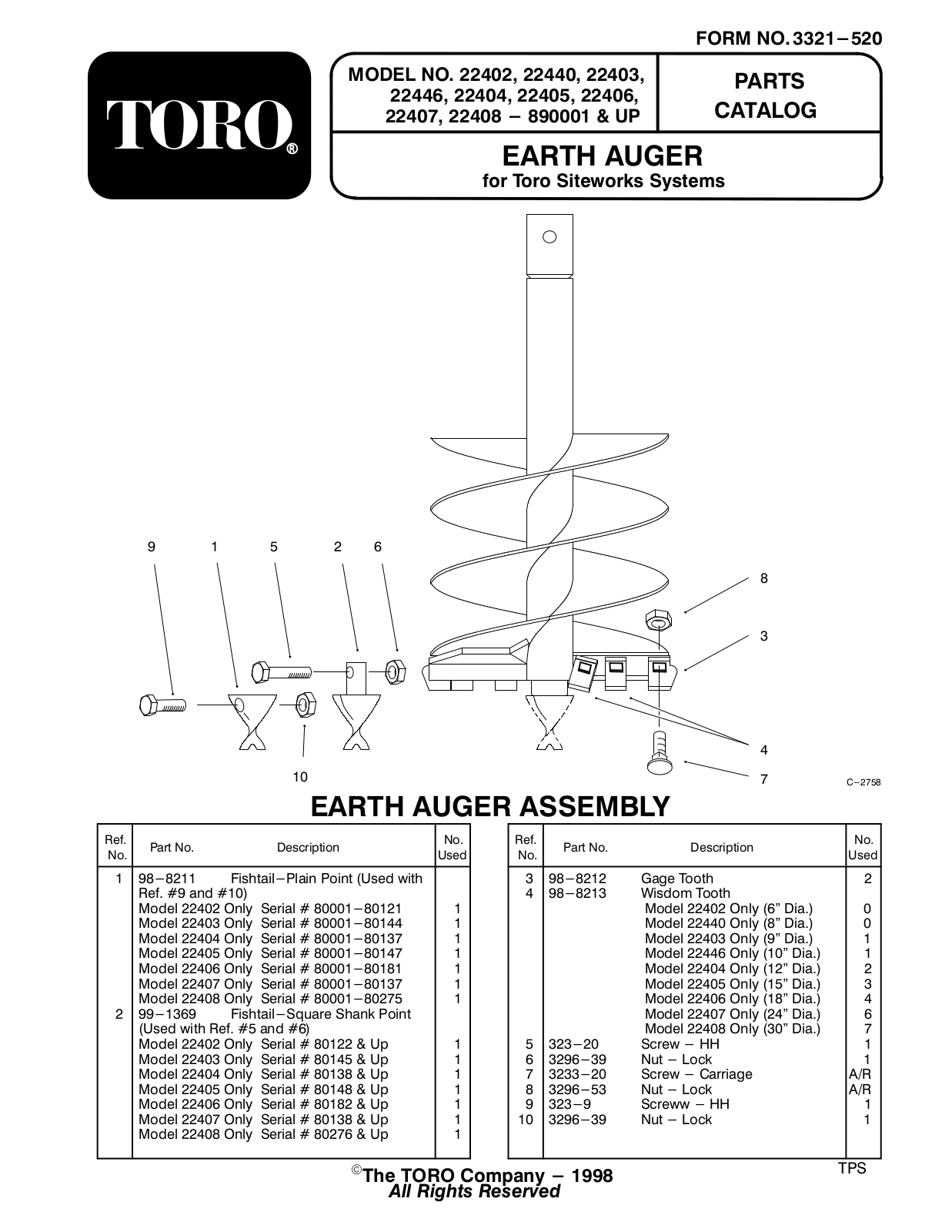 Toro 22402, 22403, 22404, 22405, 22406 Parts Catalogue