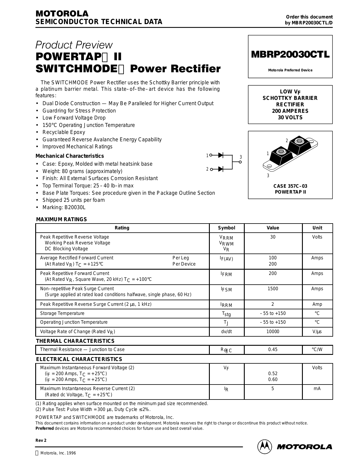 Motorola MBRP20030CTL Datasheet