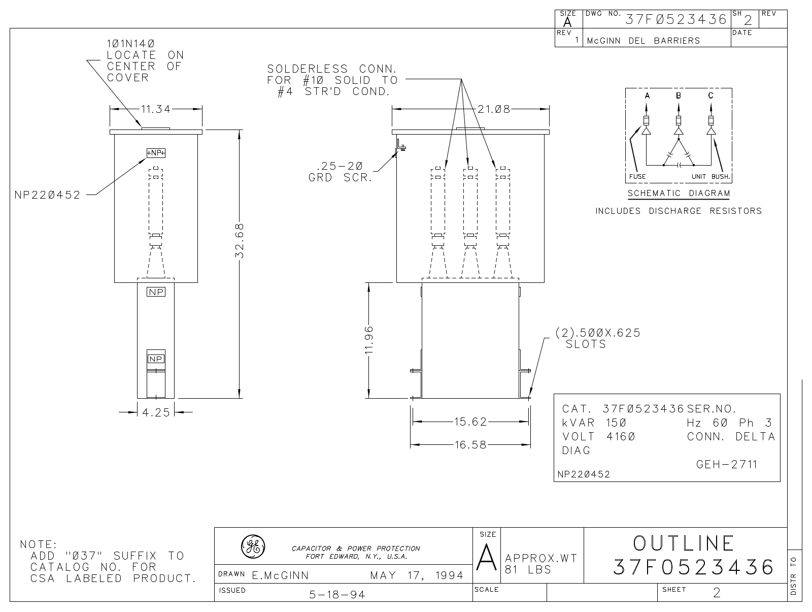 GE Capacitor 37F0523436 Dimensional Sheet