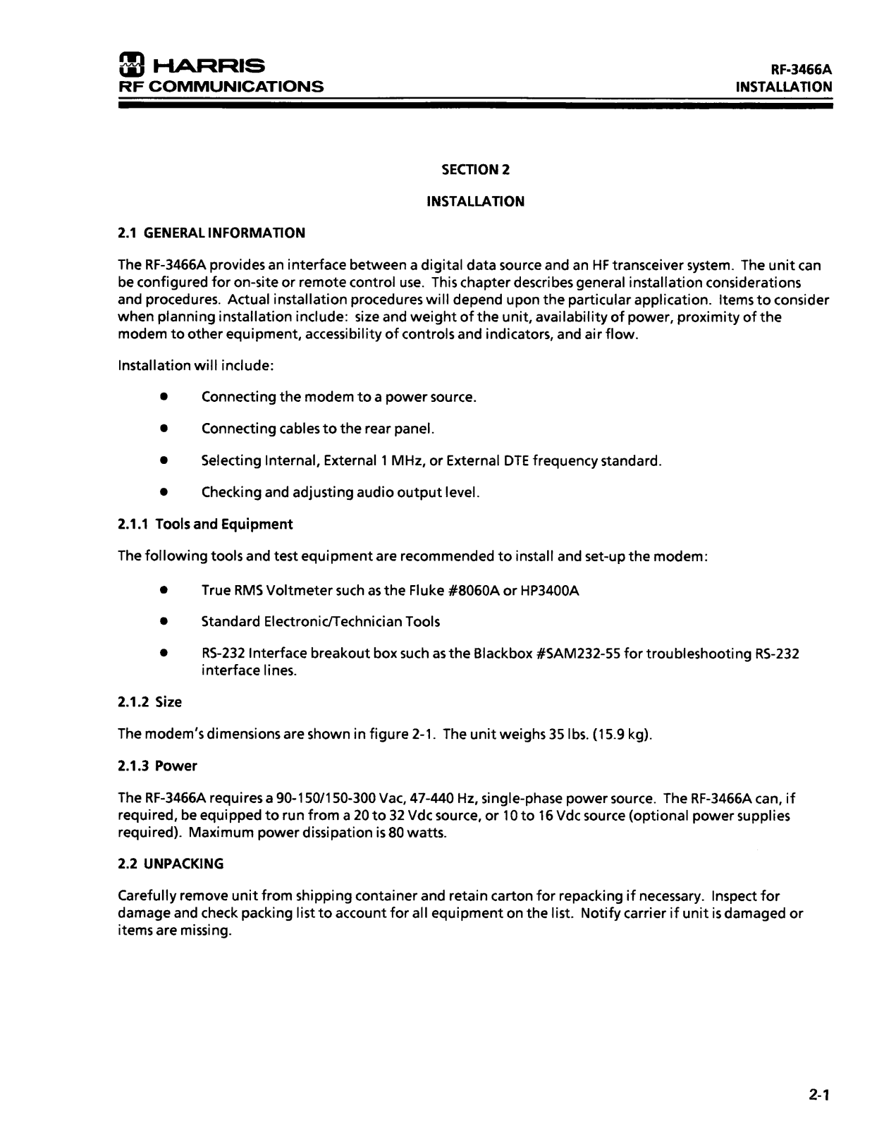 Harris rf3466a Installation Manual