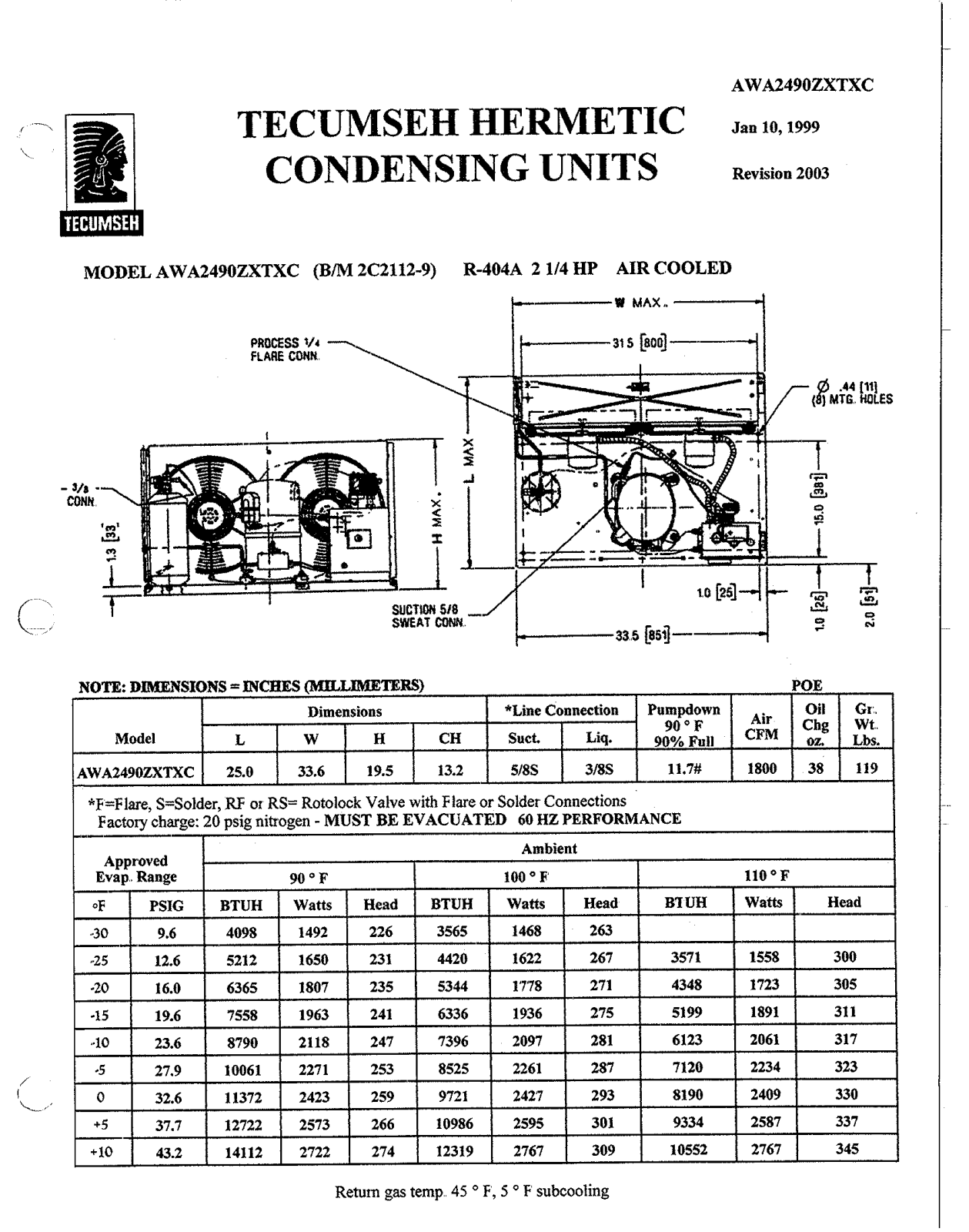 Tecumseh AWA2490ZXTXC Performance Data Sheet