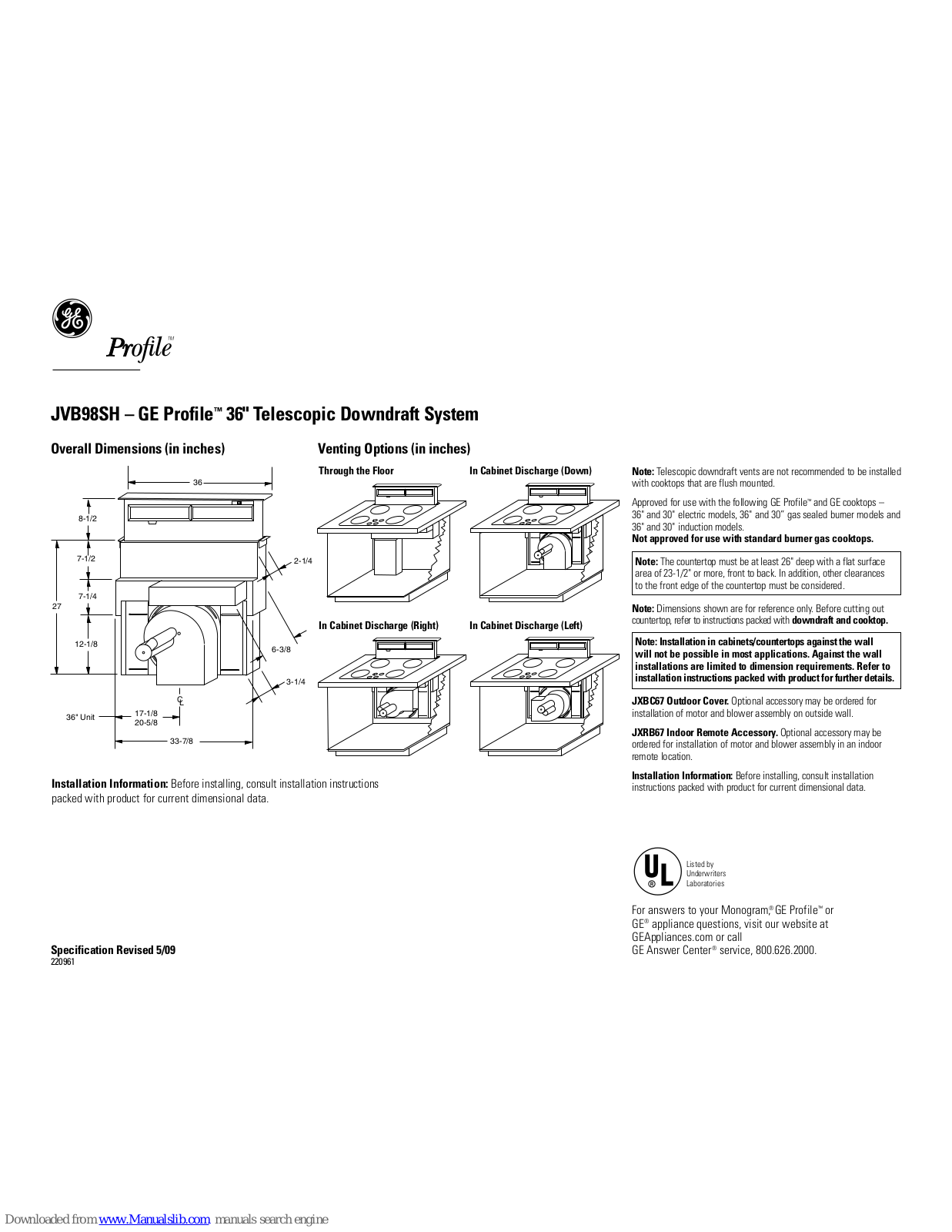 GE JVB98SHSS, Profile JVB98SH Dimensions