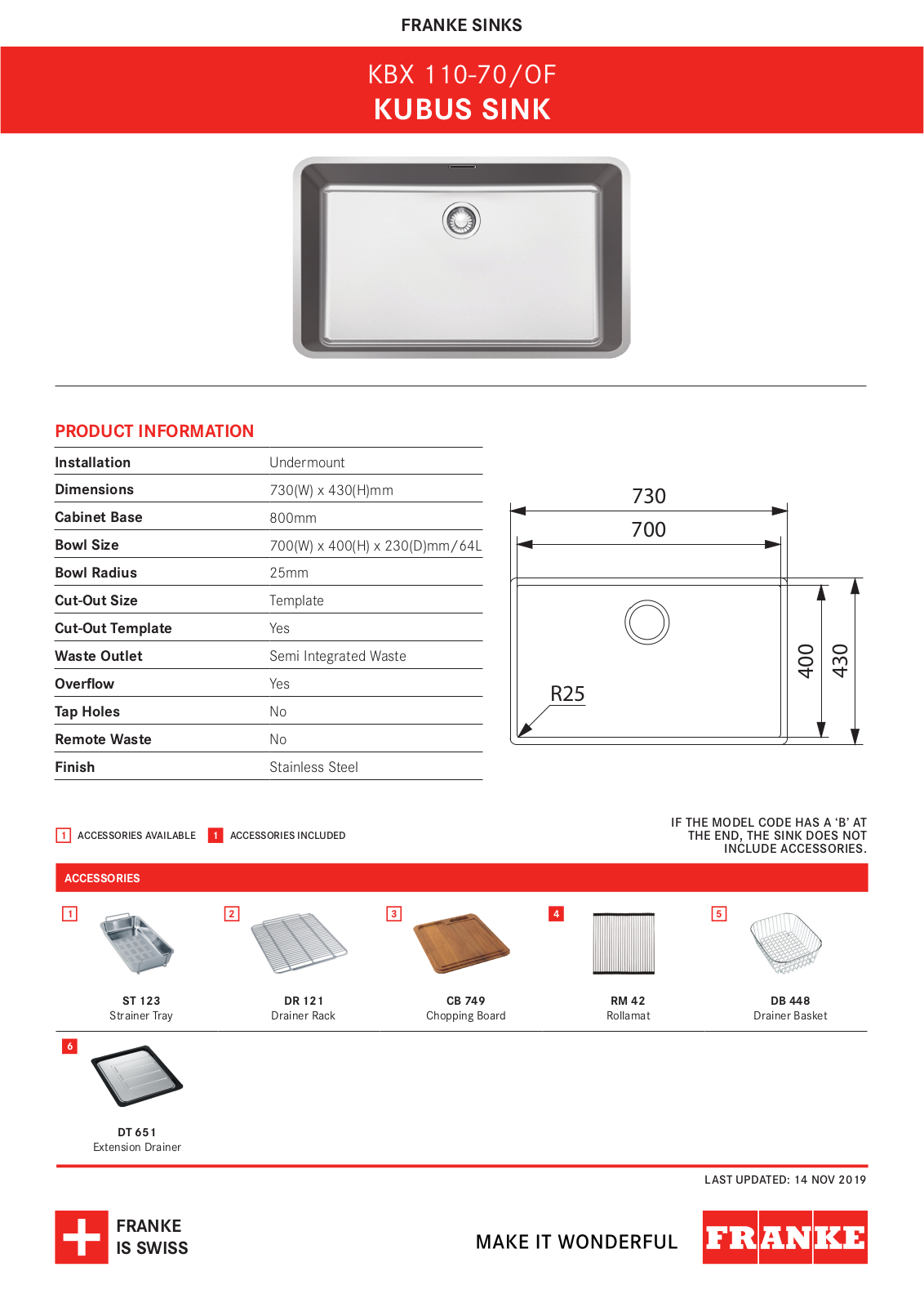 Franke KBX110-70OF, KBX110-70OFB Specifications Sheet