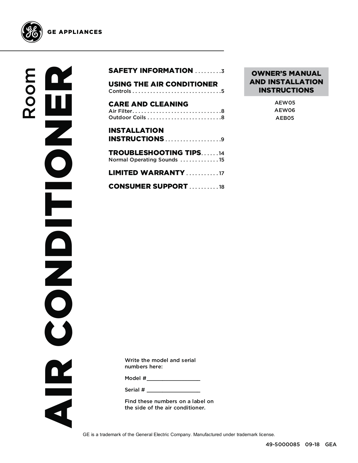 GE AEW05, AEW06, AEB05 Owner’s Manual & Installation Instructions