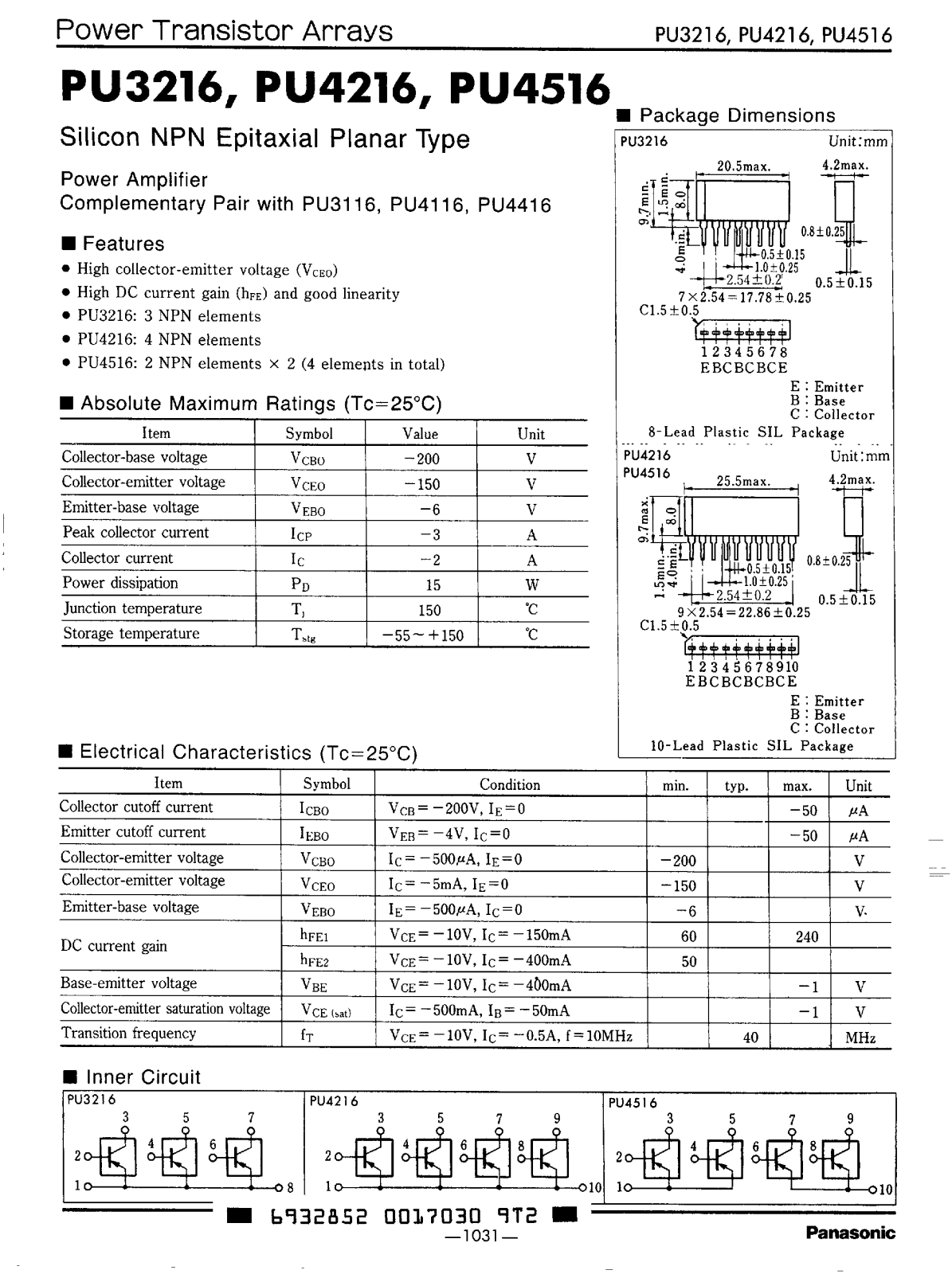 Panasonic PU3216, PU4216, PU4516 Technical data
