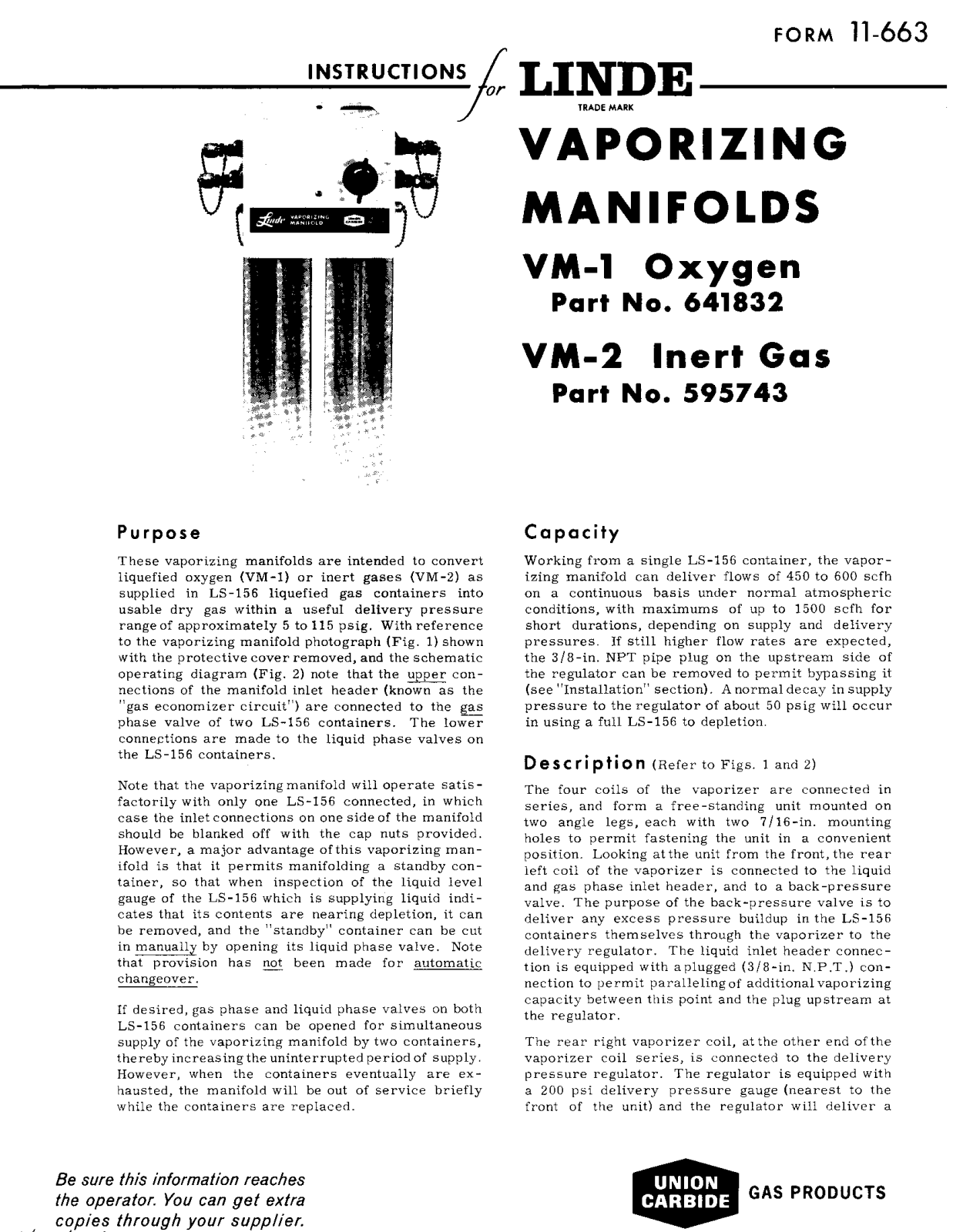 UNION CARBIDE Linde Vaporizing Manifolds VM-1 Oxygen Part No.641832 VM-2 Inert Gas Part No.595743 Troubleshooting instruction