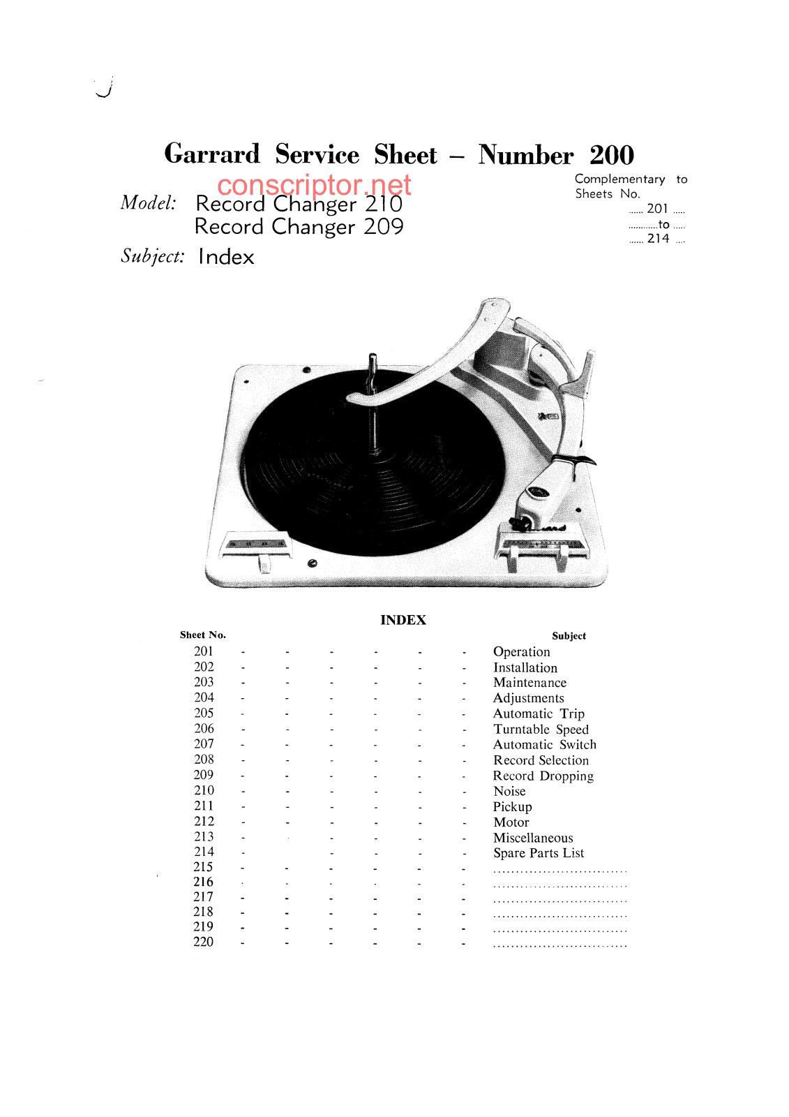 Garrard 210, 209 Service manual