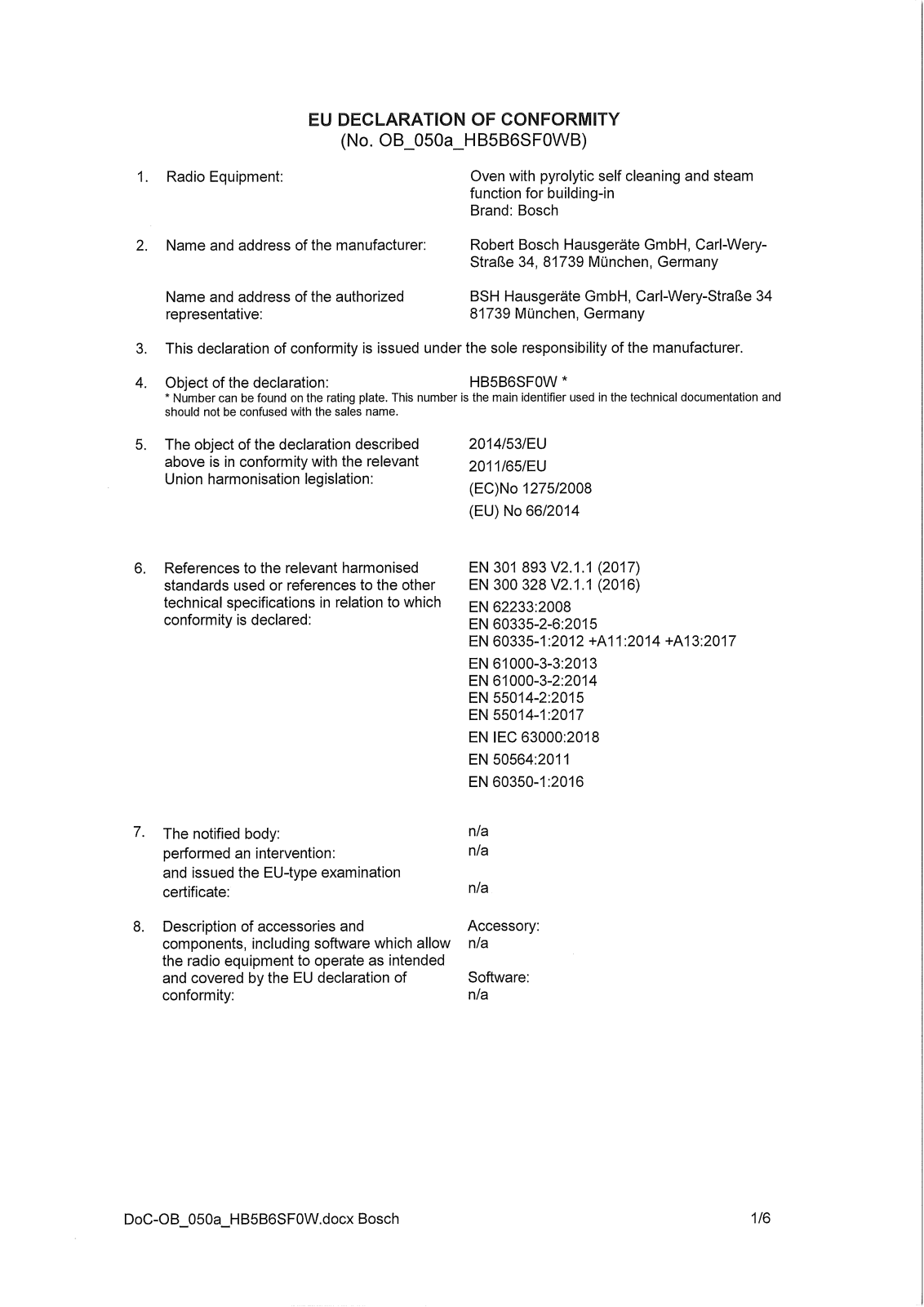 Bosch HRS538BS6B, HRS578BS6B EU Declaration of Confirmity