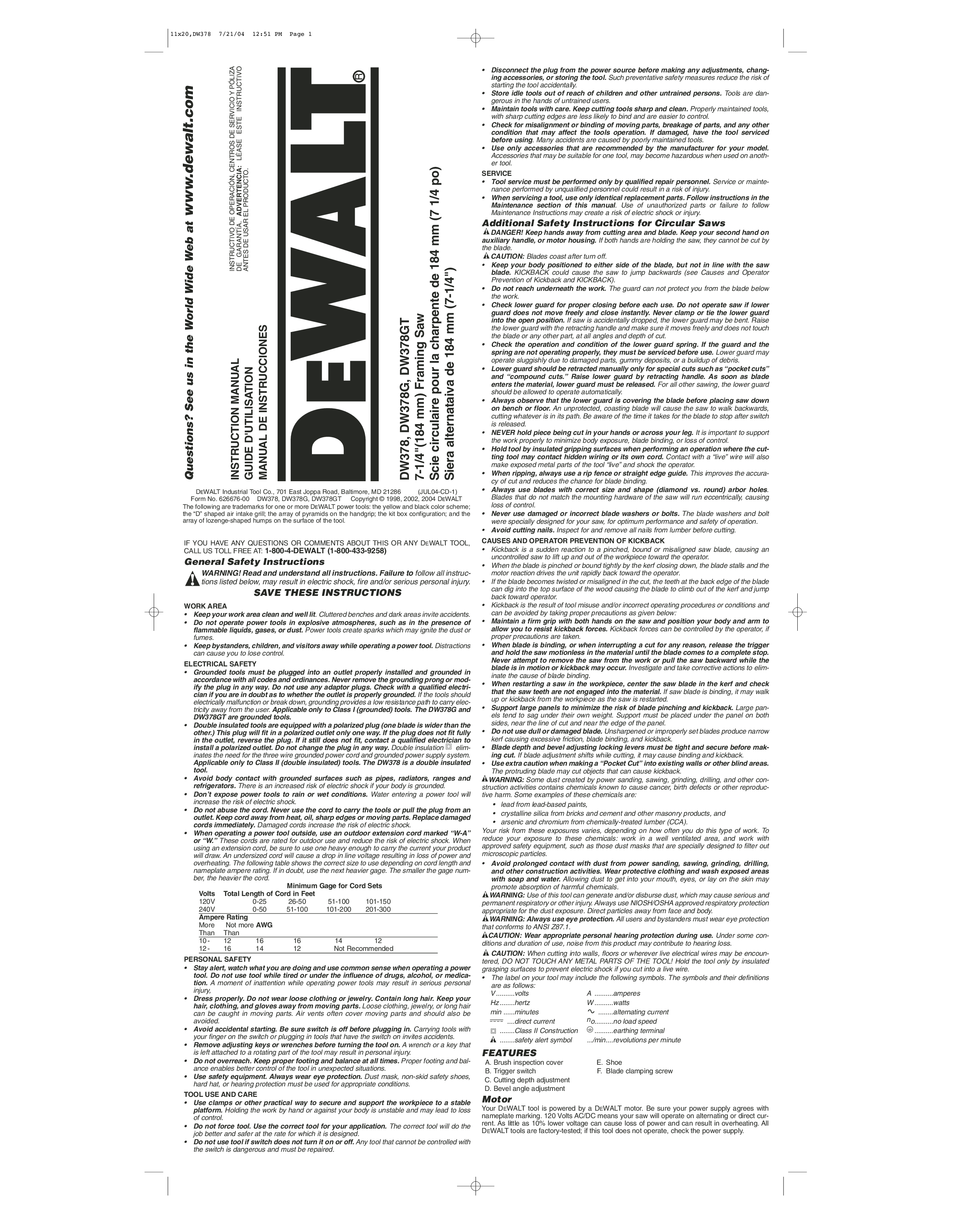 DeWalt DW378, DW378GT, DW378G User Manual