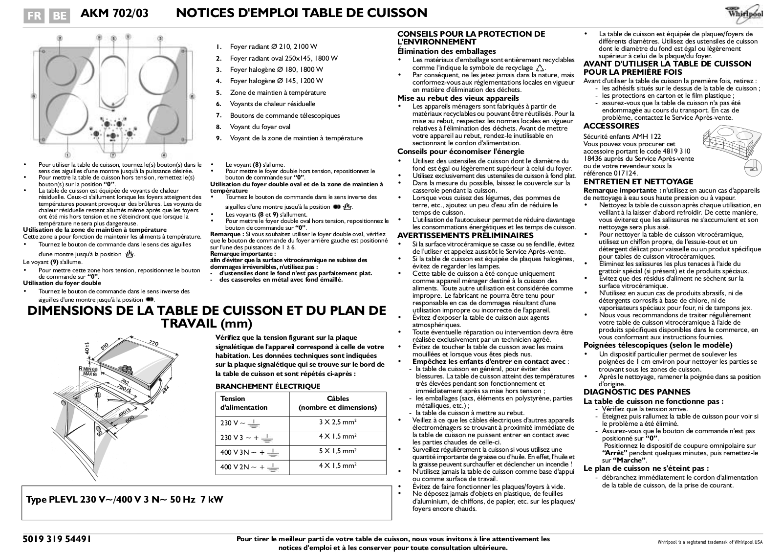 WHIRLPOOL AKM702NB User Manual